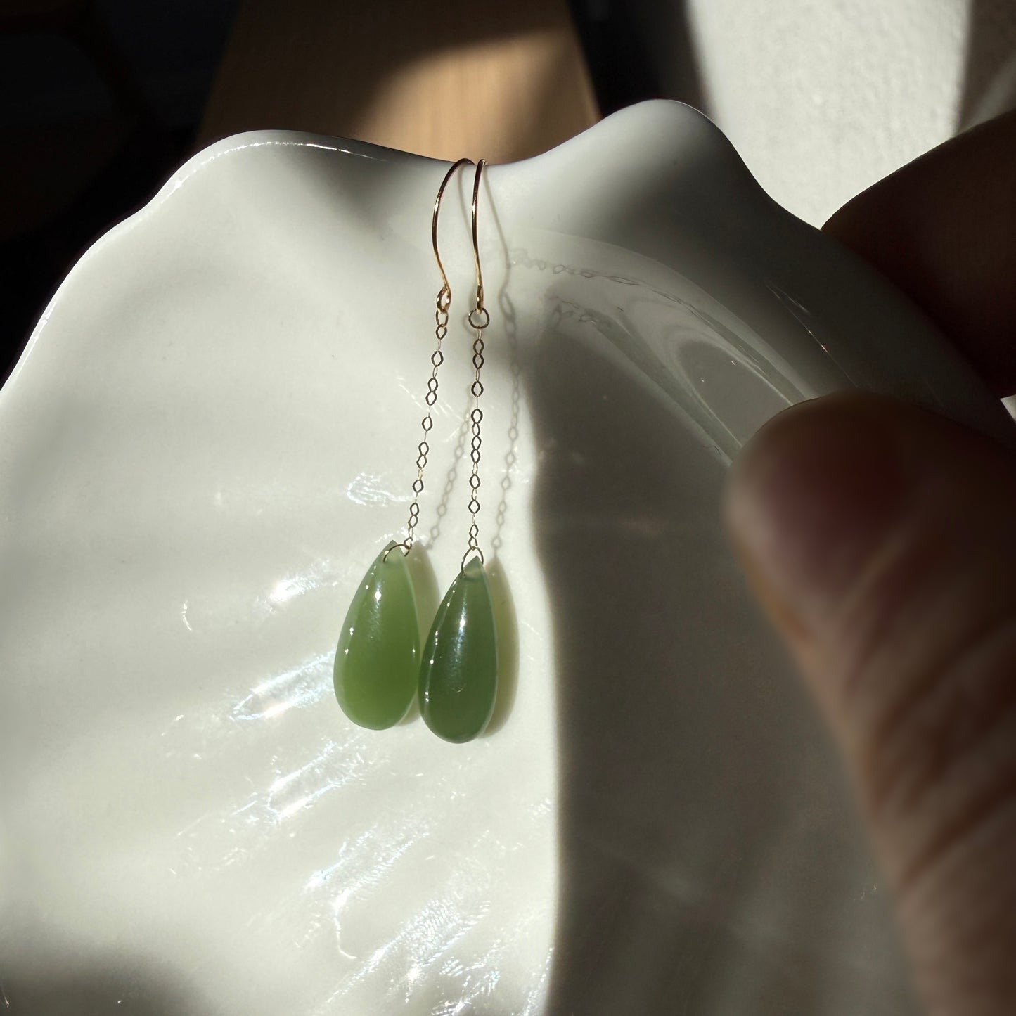 18K Gold Water Drop Natural Jade Dangle Earrings