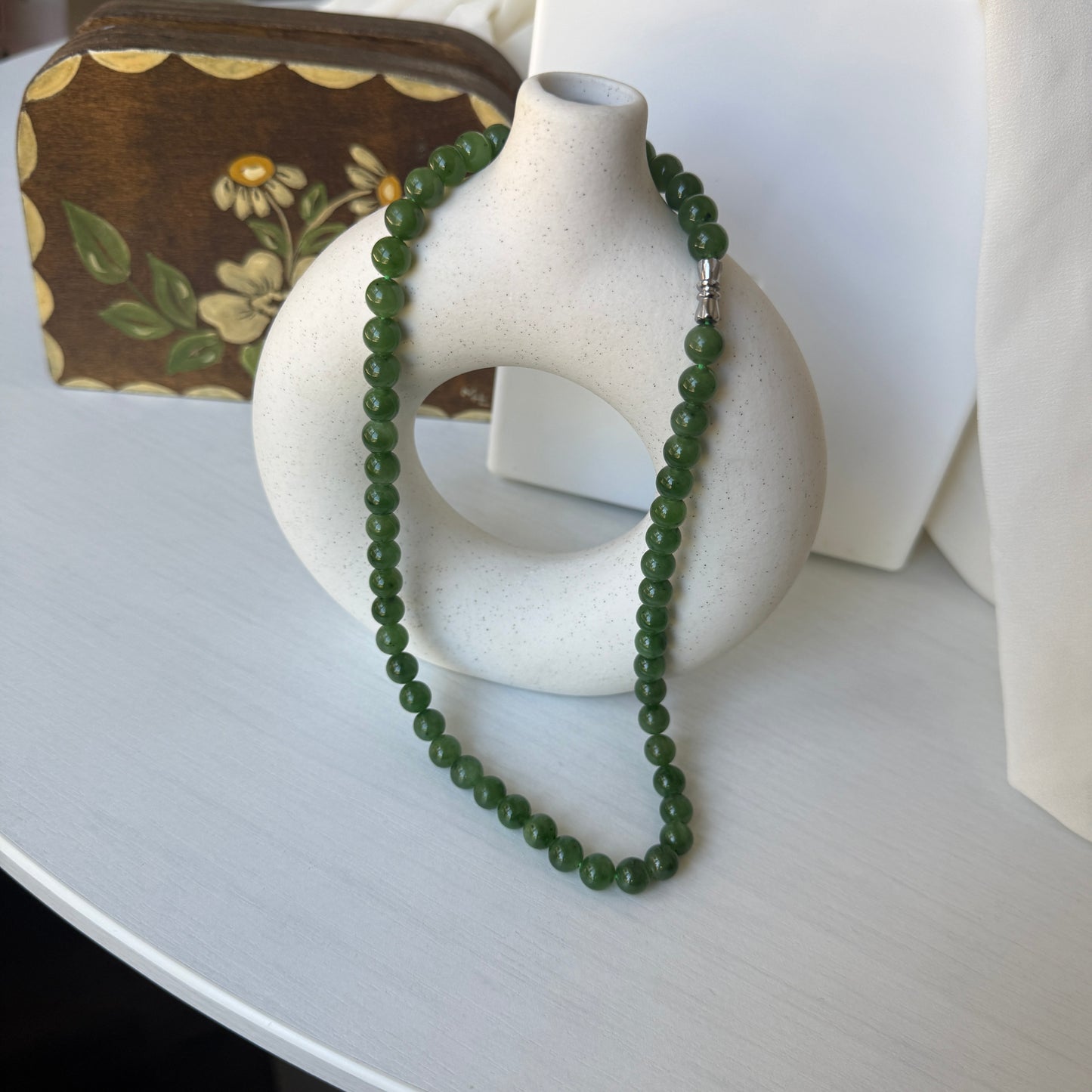 Hetian Jade Beaded Necklace, Natural Green Nephrite Chocker