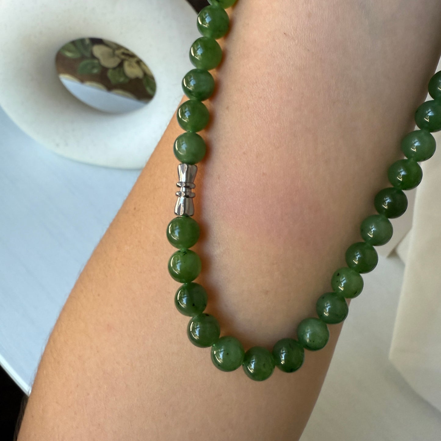 Hetian Jade Beaded Necklace, Natural Green Nephrite Chocker