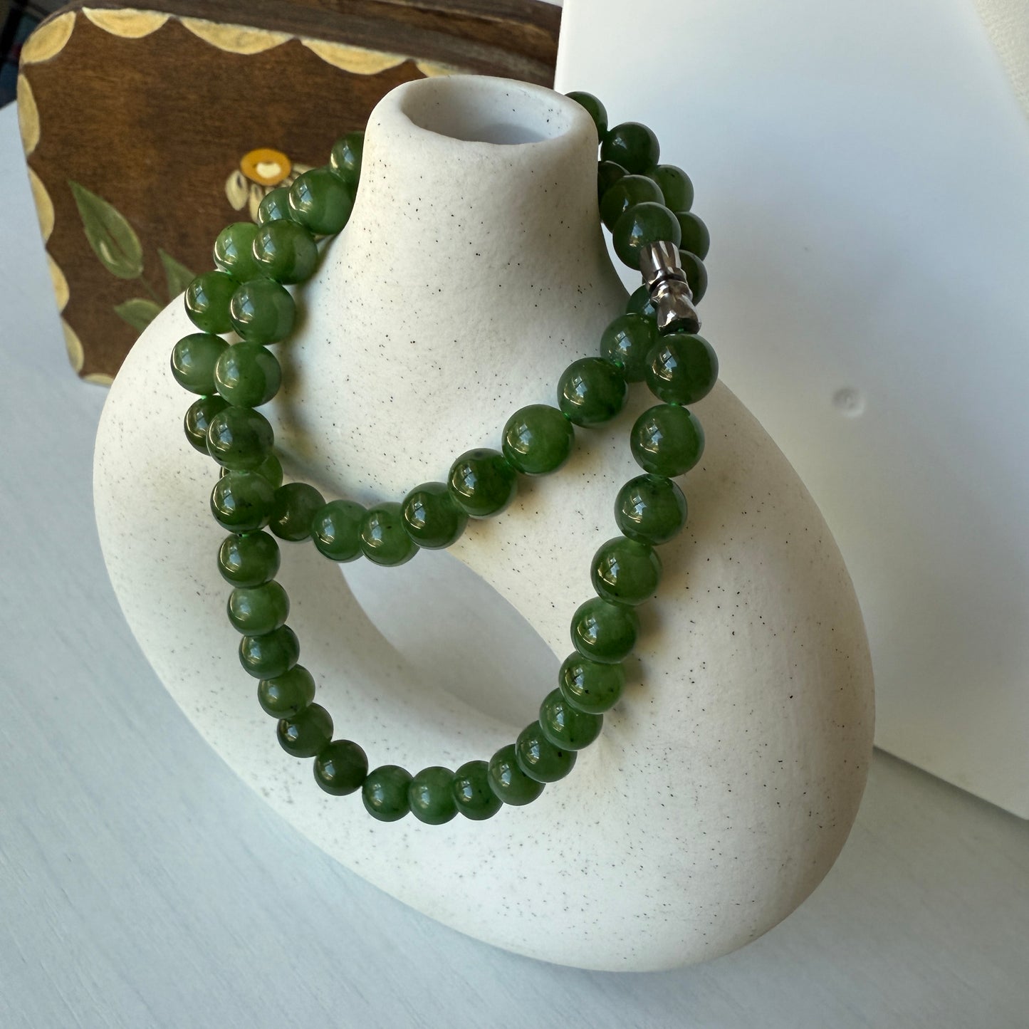 Hetian Jade Beaded Necklace, Natural Green Nephrite Chocker