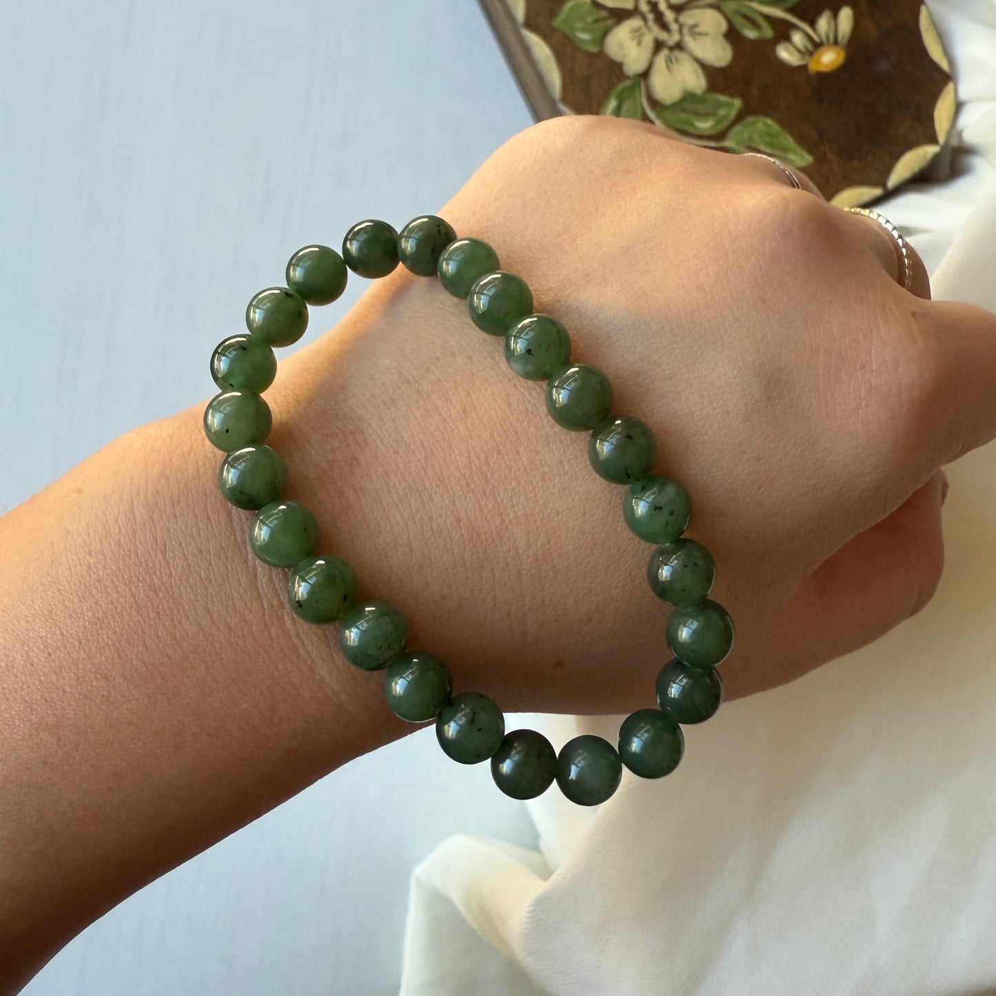 Natural Hetian Jade Bracelet, Beaded Nephrite Bracelet