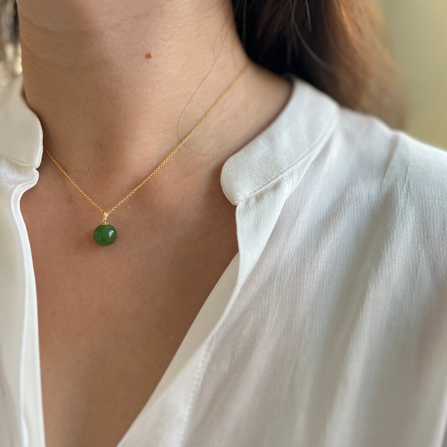 Natural Jade Pendant, 18K Gold Cap and Hoop inlaid Jade, Dainty Jade Necklace, Tiny Jade Hetian Jade Pendant, Dainty Gold Filled Chain 5