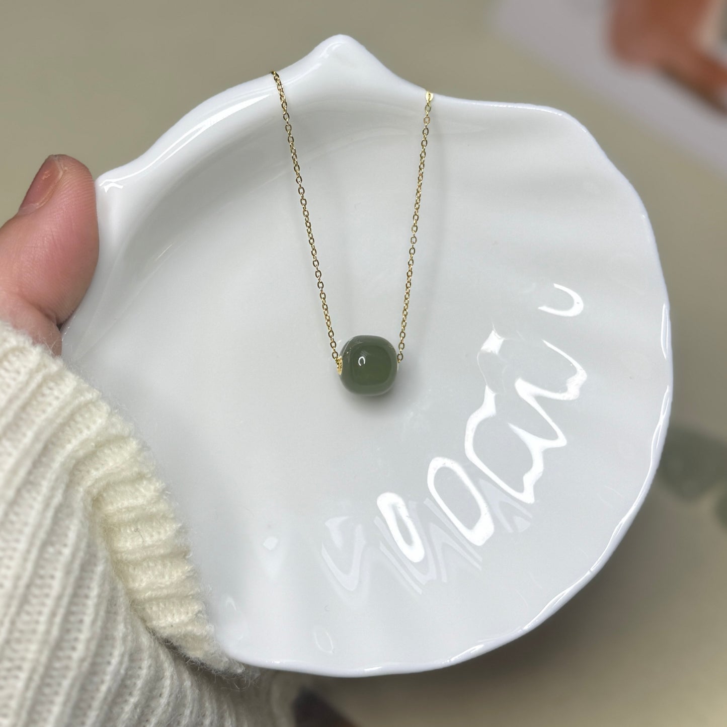 Natural Jade Pendant, 18K Gold inlaid with Single Nephrite Jade Bead 5