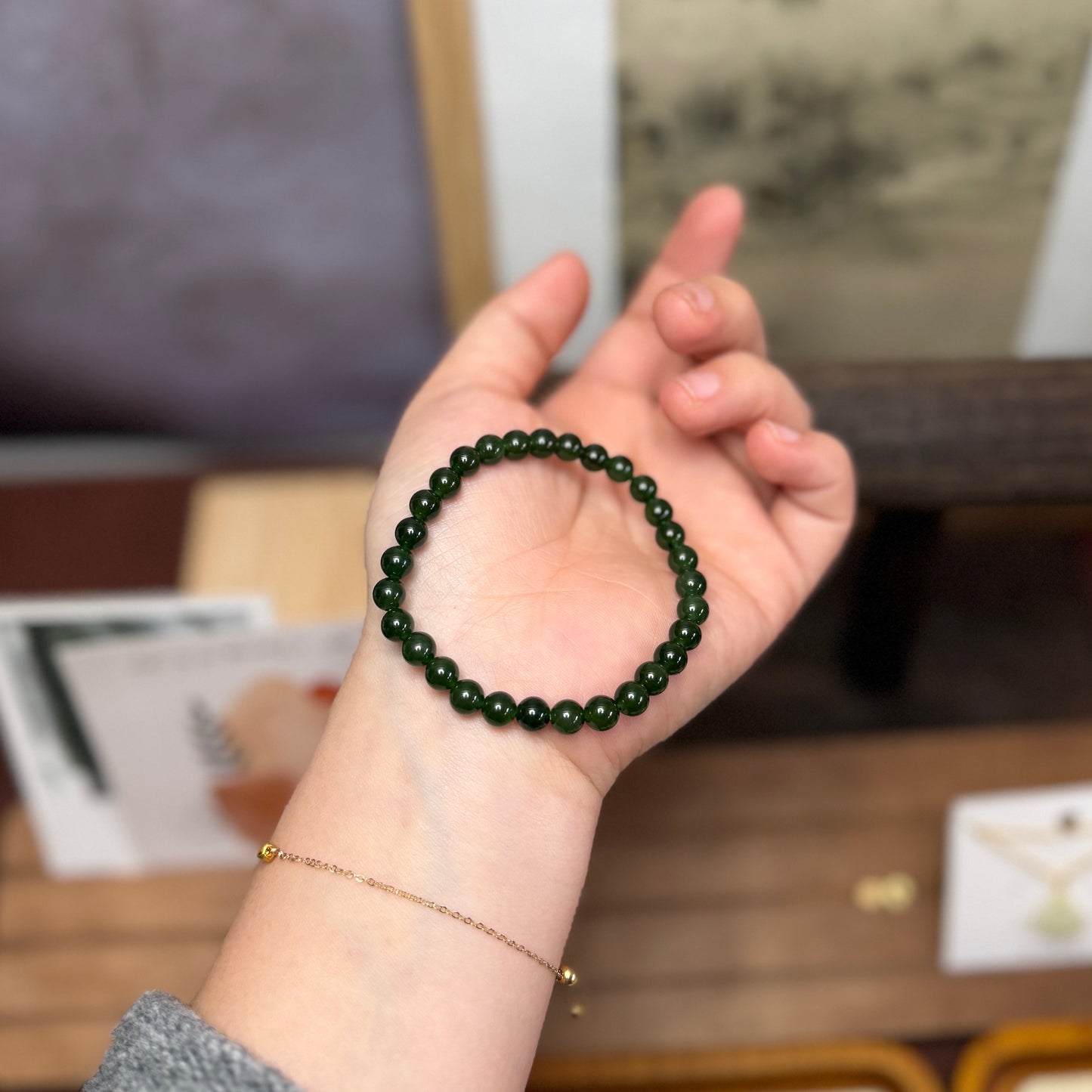 Natural Dark Green Jade Beaded Bracelet