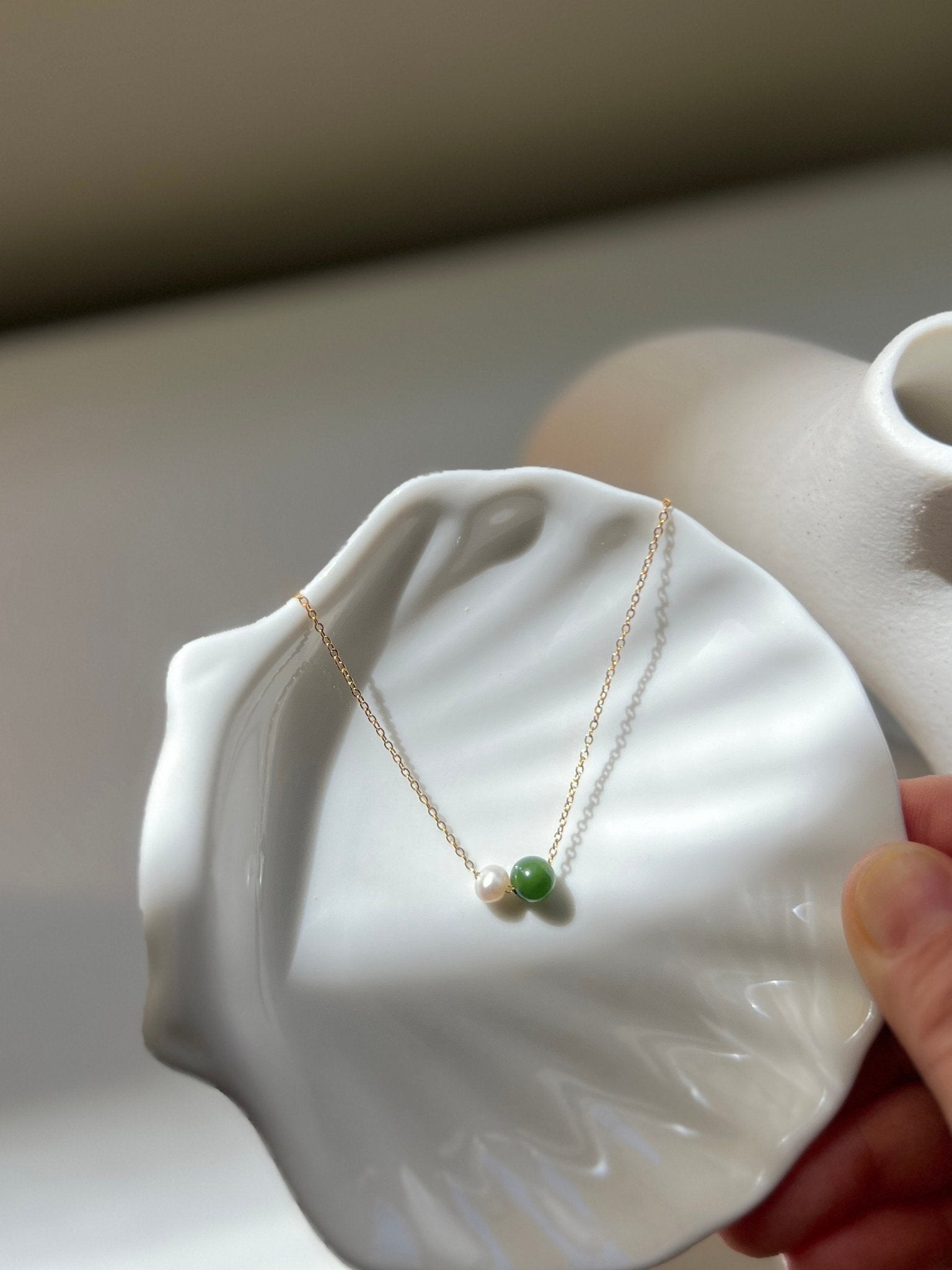 Natural Jade Necklace, Dainty Jade Necklace, Jade Pearl Necklace, Very Tiny Jade Necklace, Dainty Chain Necklace, Gold Filled Pearl Necklace