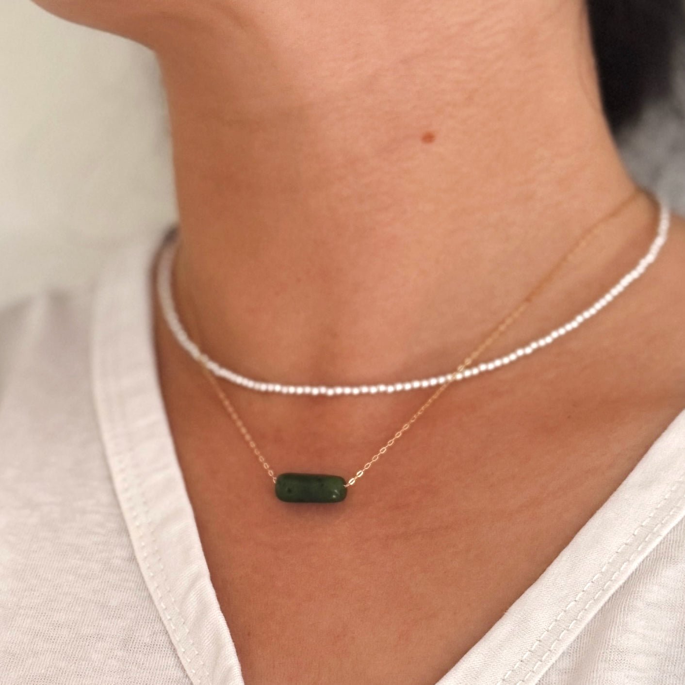 Dainty Jade Bar Necklace with Gold Filled Chain Shanali Jewelry