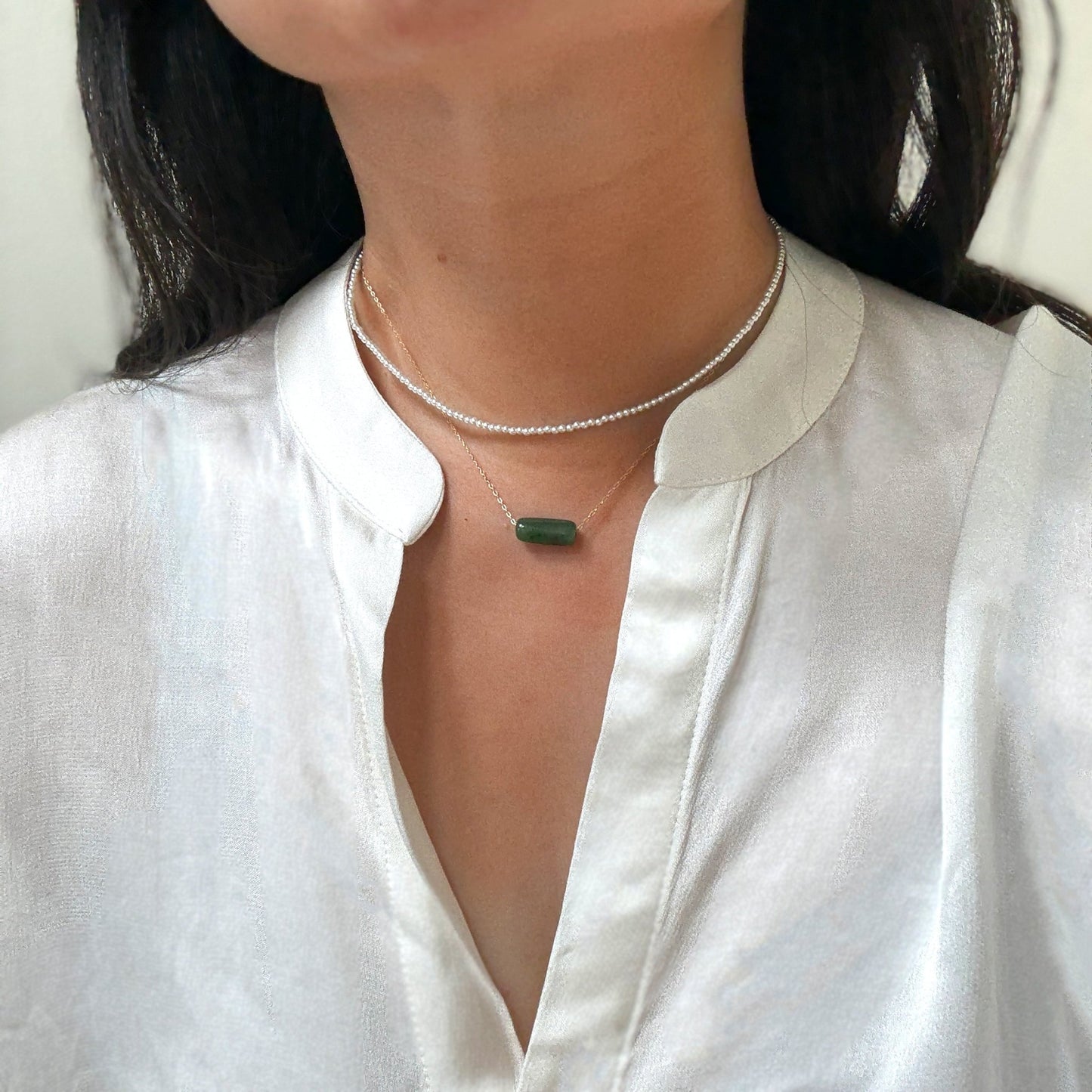 Dainty Jade Bar Necklace with Gold Filled Chain Shanali Jewelry