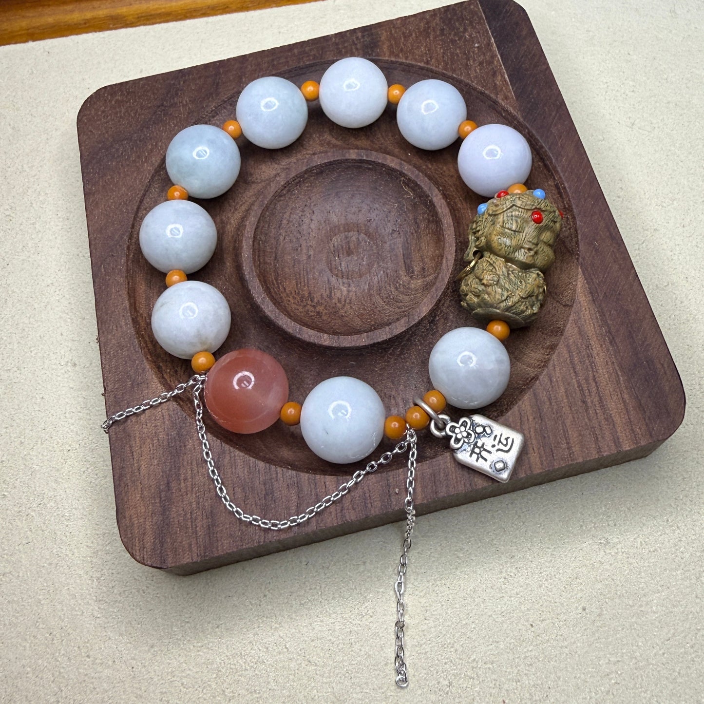 white Beaded Jadeite Bracelet with wood baby Buddha