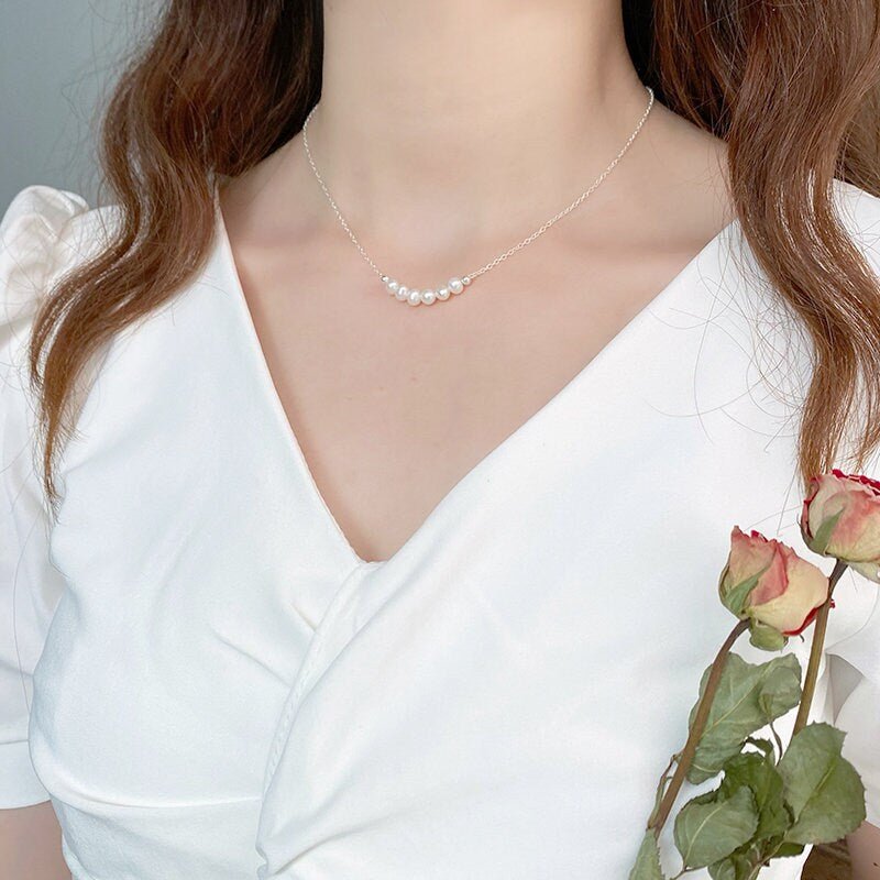 Pearl Row Necklace, 925 Sterling Silver Natural Freshwater Pearl Necklace, Dainty Pearl Necklace, Bridal Necklace, Bridesmaids Necklace