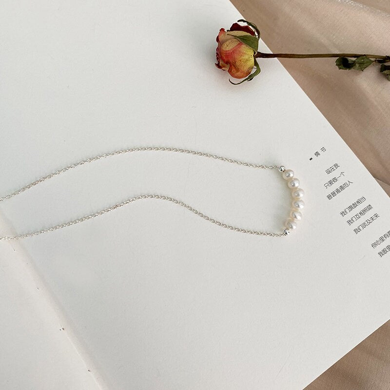 Pearl Row Necklace, 925 Sterling Silver Natural Freshwater Pearl Necklace, Dainty Pearl Necklace, Bridal Necklace, Bridesmaids Necklace