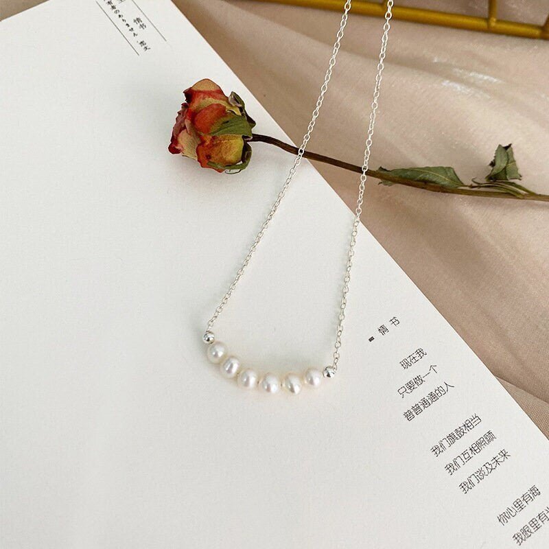 Pearl Row Necklace, 925 Sterling Silver Natural Freshwater Pearl Necklace, Dainty Pearl Necklace, Bridal Necklace, Bridesmaids Necklace