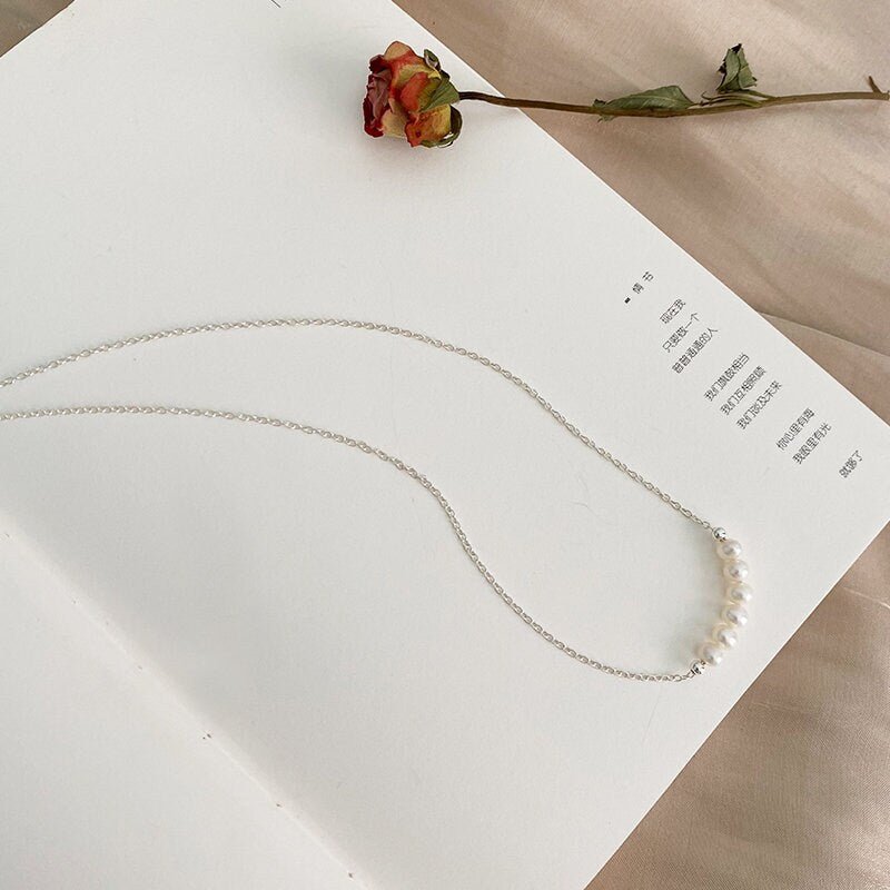 Pearl Row Necklace, 925 Sterling Silver Natural Freshwater Pearl Necklace, Dainty Pearl Necklace, Bridal Necklace, Bridesmaids Necklace