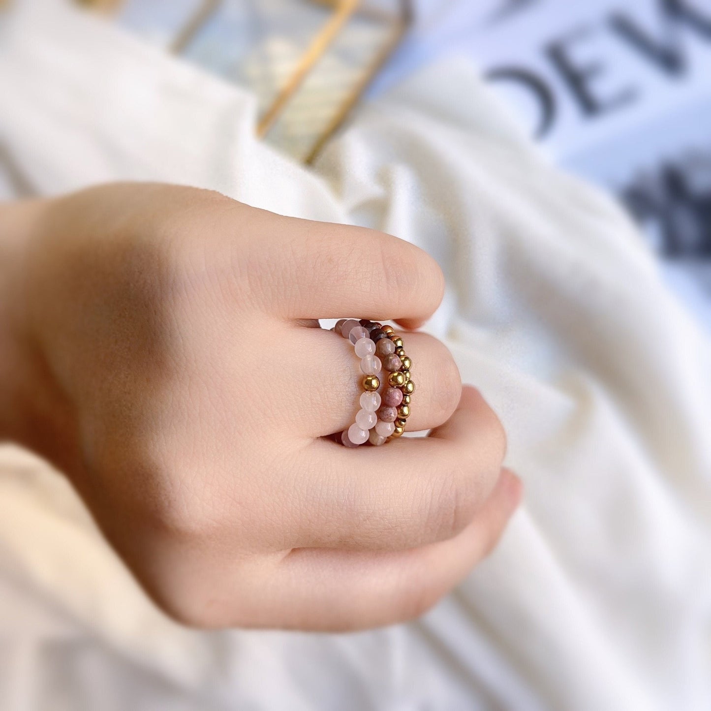 Bohemian Stretch Ring, Natural Stone Ring, Rhodochrosite Ring, Pink Jade Ring, Elastic Gold Beaded Ring, Stackable Ring, Elastic Beaded Ring
