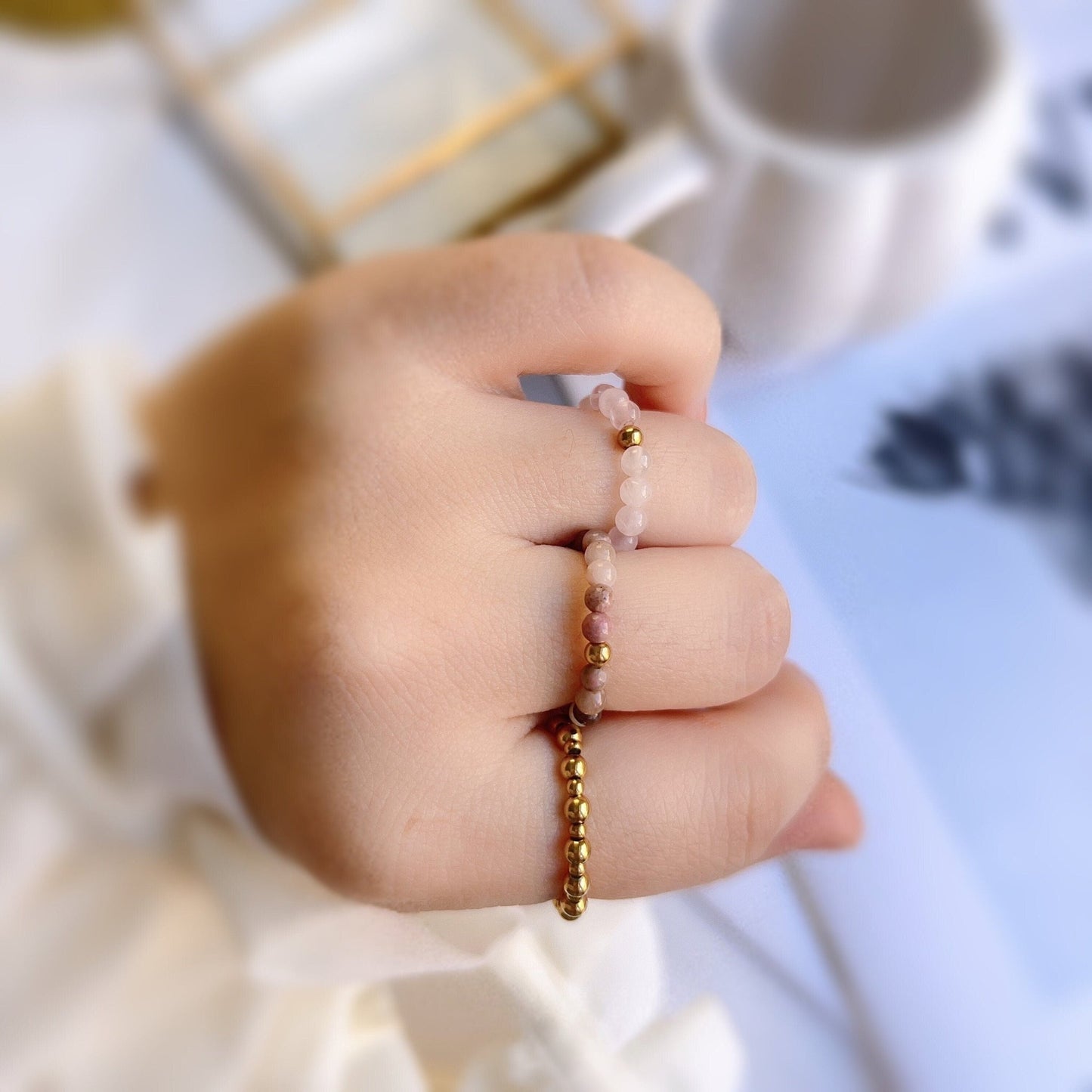 Bohemian Stretch Ring, Natural Stone Ring, Rhodochrosite Ring, Pink Jade Ring, Elastic Gold Beaded Ring, Stackable Ring, Elastic Beaded Ring