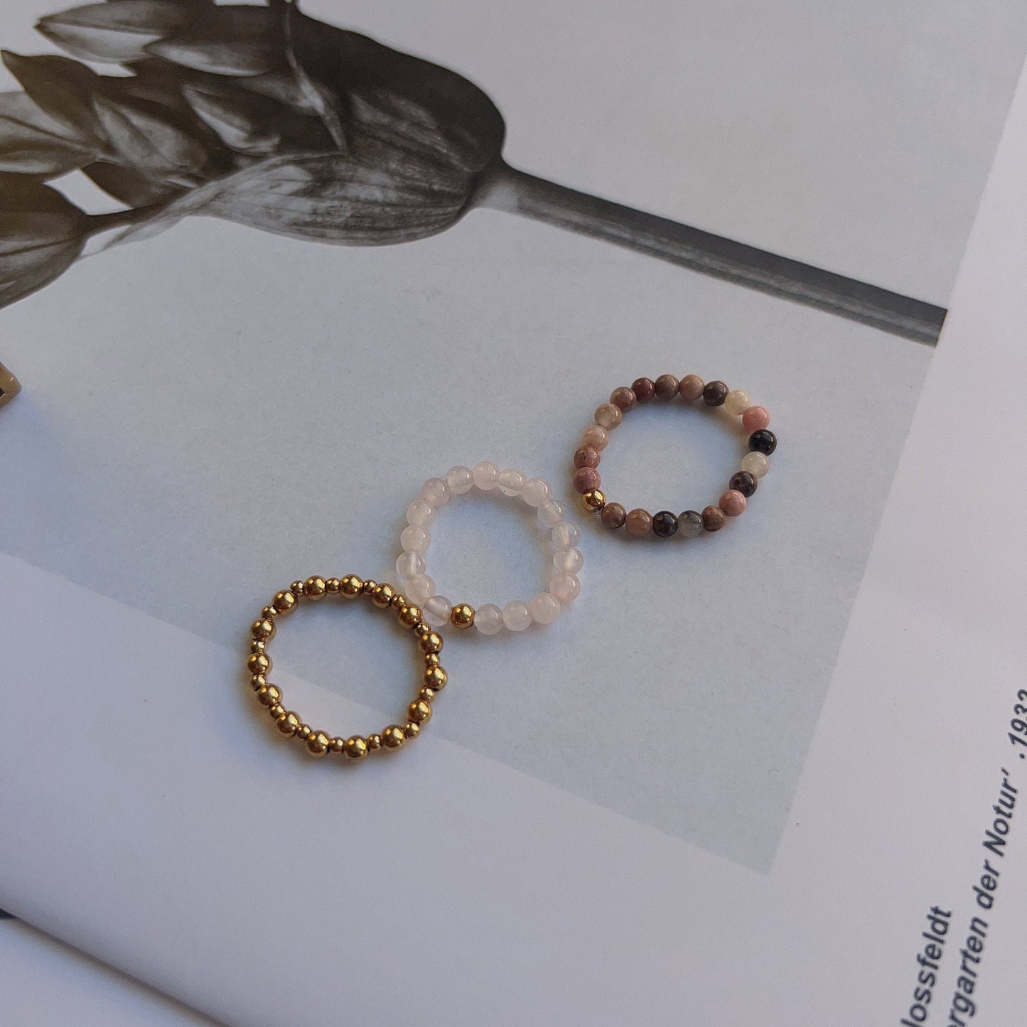 Bohemian Stretch Ring, Natural Stone Ring, Rhodochrosite Ring, Pink Jade Ring, Elastic Gold Beaded Ring, Stackable Ring, Elastic Beaded Ring