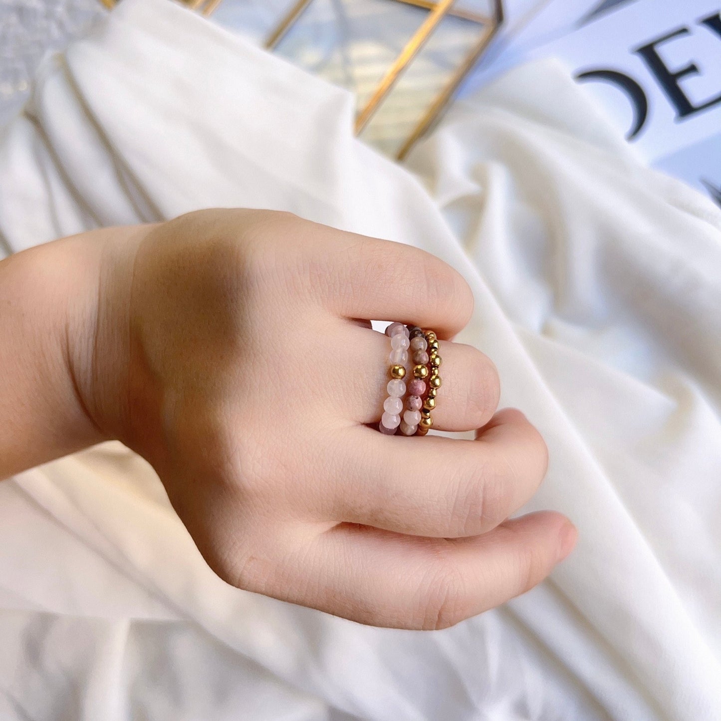 Bohemian Stretch Ring, Natural Stone Ring, Rhodochrosite Ring, Pink Jade Ring, Elastic Gold Beaded Ring, Stackable Ring, Elastic Beaded Ring