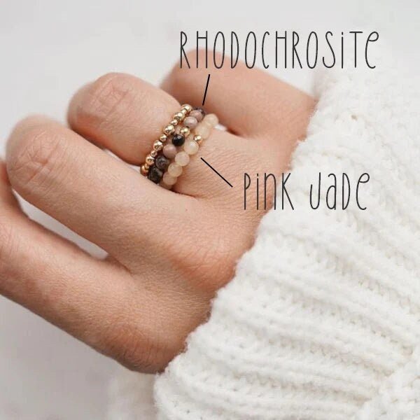 Bohemian Stretch Ring, Natural Stone Ring, Rhodochrosite Ring, Pink Jade Ring, Elastic Gold Beaded Ring, Stackable Ring, Elastic Beaded Ring
