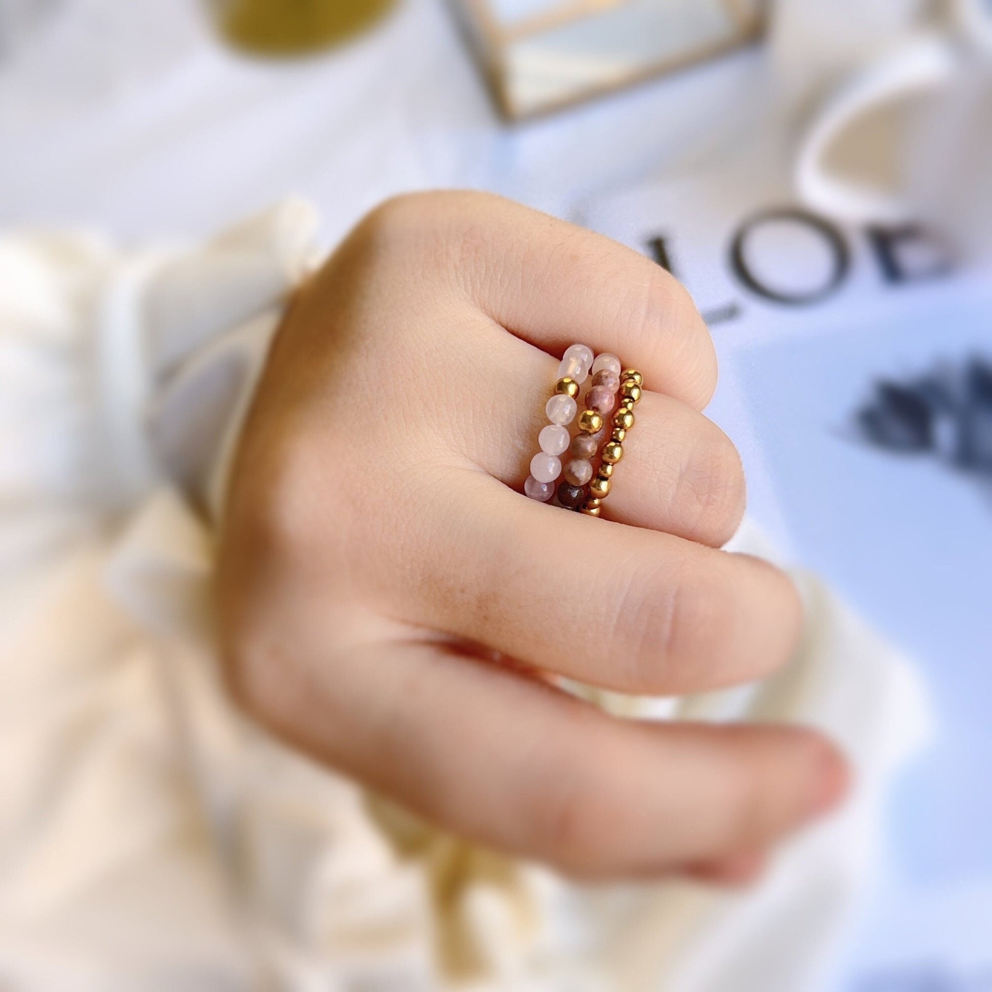 Bohemian Stretch Ring, Natural Stone Ring, Rhodochrosite Ring, Pink Jade Ring, Elastic Gold Beaded Ring, Stackable Ring, Elastic Beaded Ring