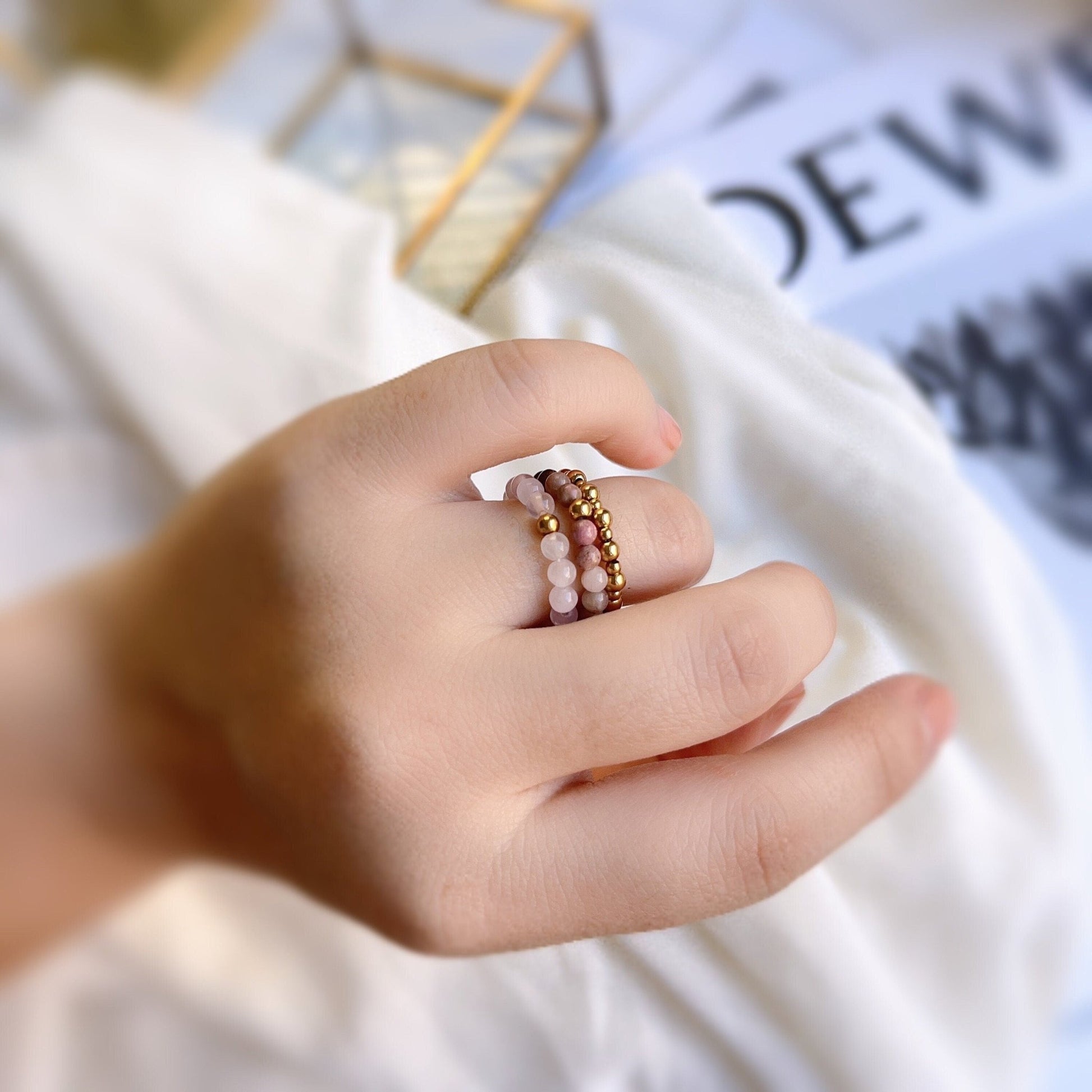 Bohemian Stretch Ring, Natural Stone Ring, Rhodochrosite Ring, Pink Jade Ring, Elastic Gold Beaded Ring, Stackable Ring, Elastic Beaded Ring