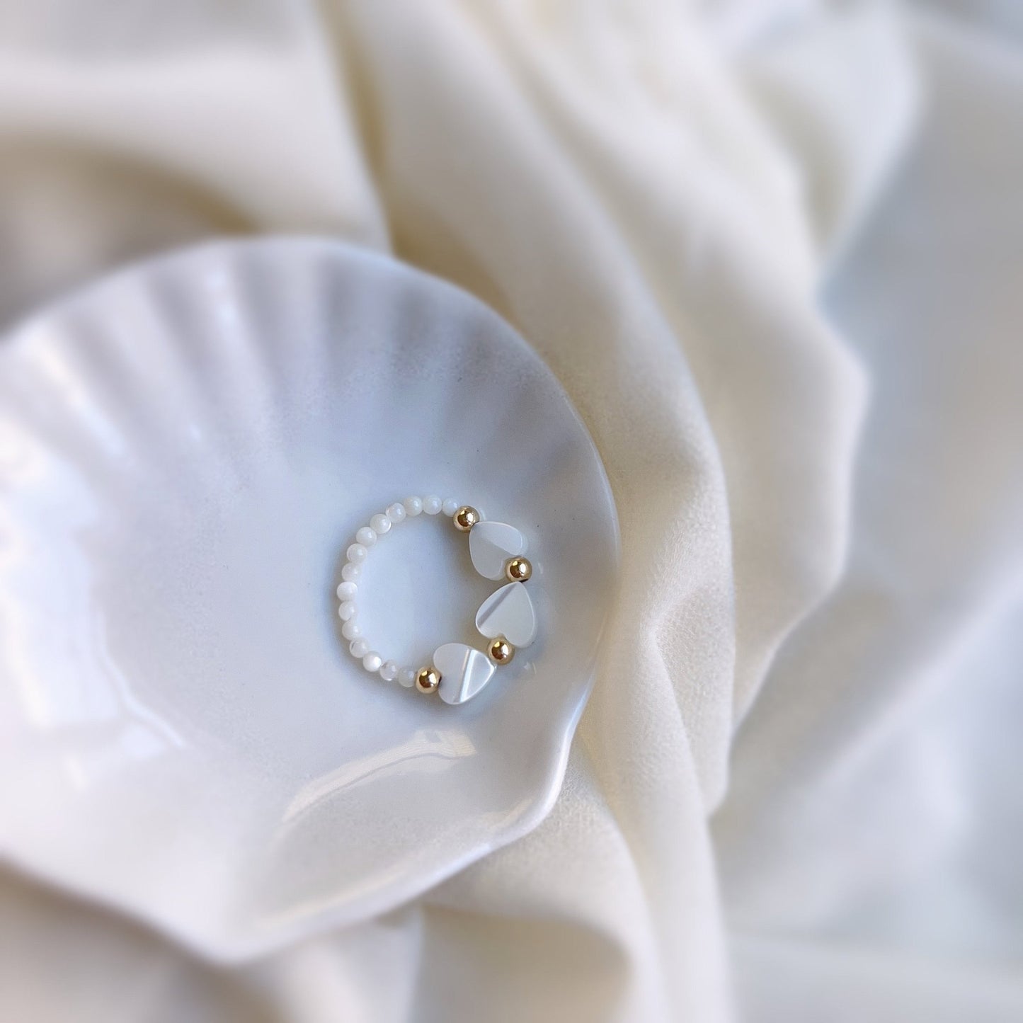 Bohemian Stretch Ring, Natural Shell Stretch Ring, Natural Stone Ring, Handmade White Small Beads Elastic Ring, Adjustable Stacking Ring