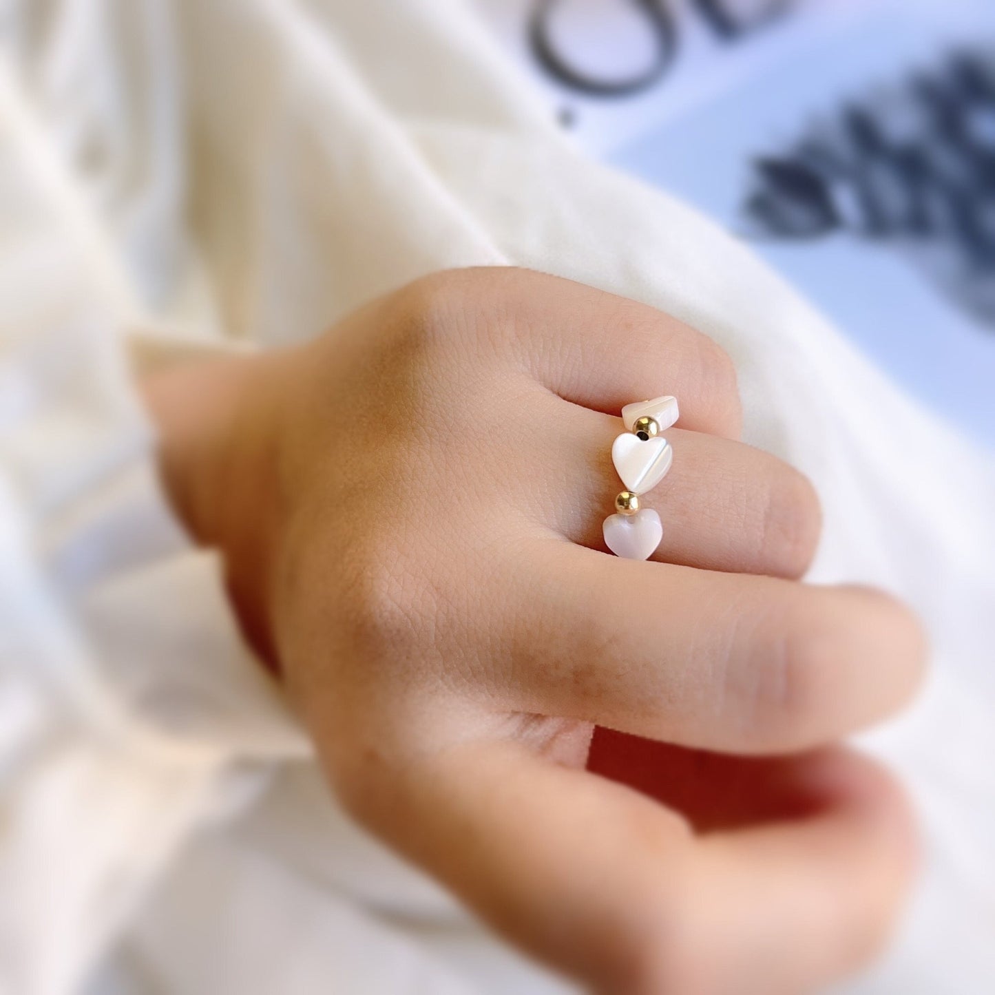 Bohemian Stretch Ring, Natural Shell Stretch Ring, Natural Stone Ring, Handmade White Small Beads Elastic Ring, Adjustable Stacking Ring