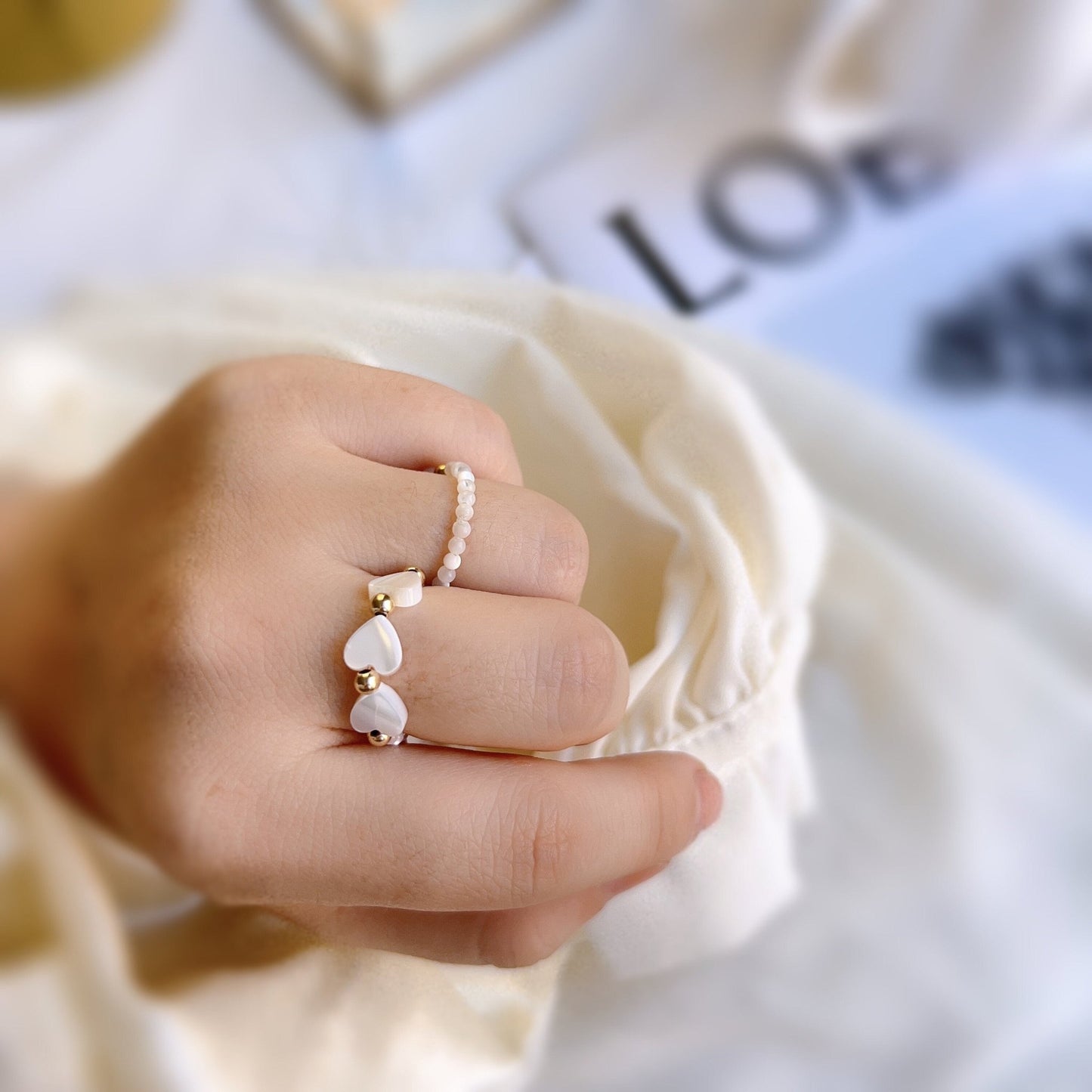 Bohemian Stretch Ring, Natural Shell Stretch Ring, Natural Stone Ring, Handmade White Small Beads Elastic Ring, Adjustable Stacking Ring