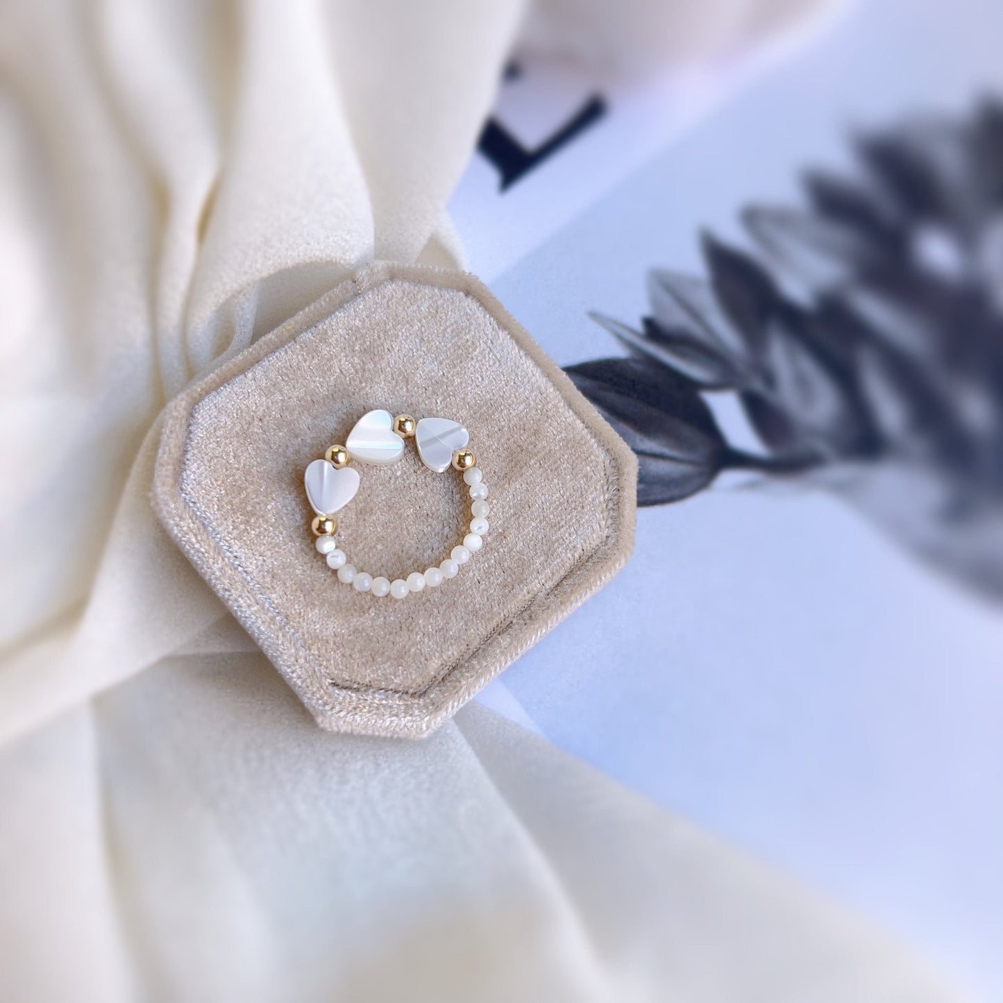 Bohemian Stretch Ring, Natural Shell Stretch Ring, Natural Stone Ring, Handmade White Small Beads Elastic Ring, Adjustable Stacking Ring