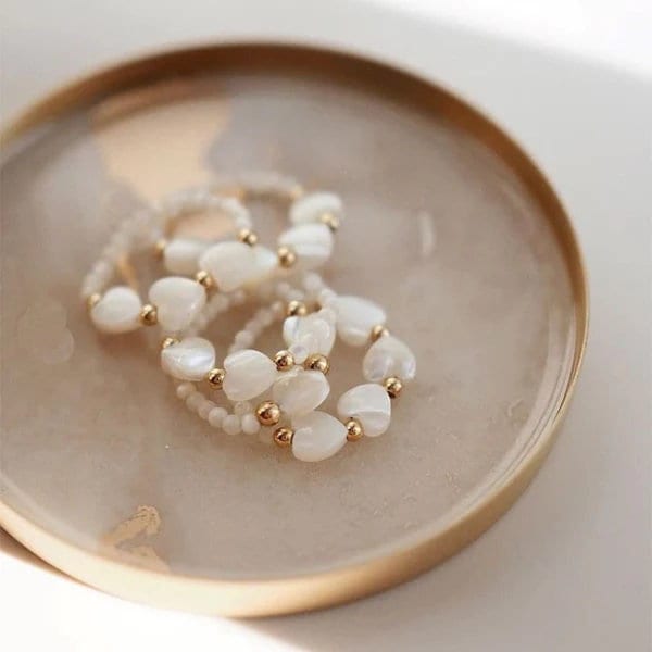 Bohemian Stretch Ring, Natural Shell Stretch Ring, Natural Stone Ring, Handmade White Small Beads Elastic Ring, Adjustable Stacking Ring