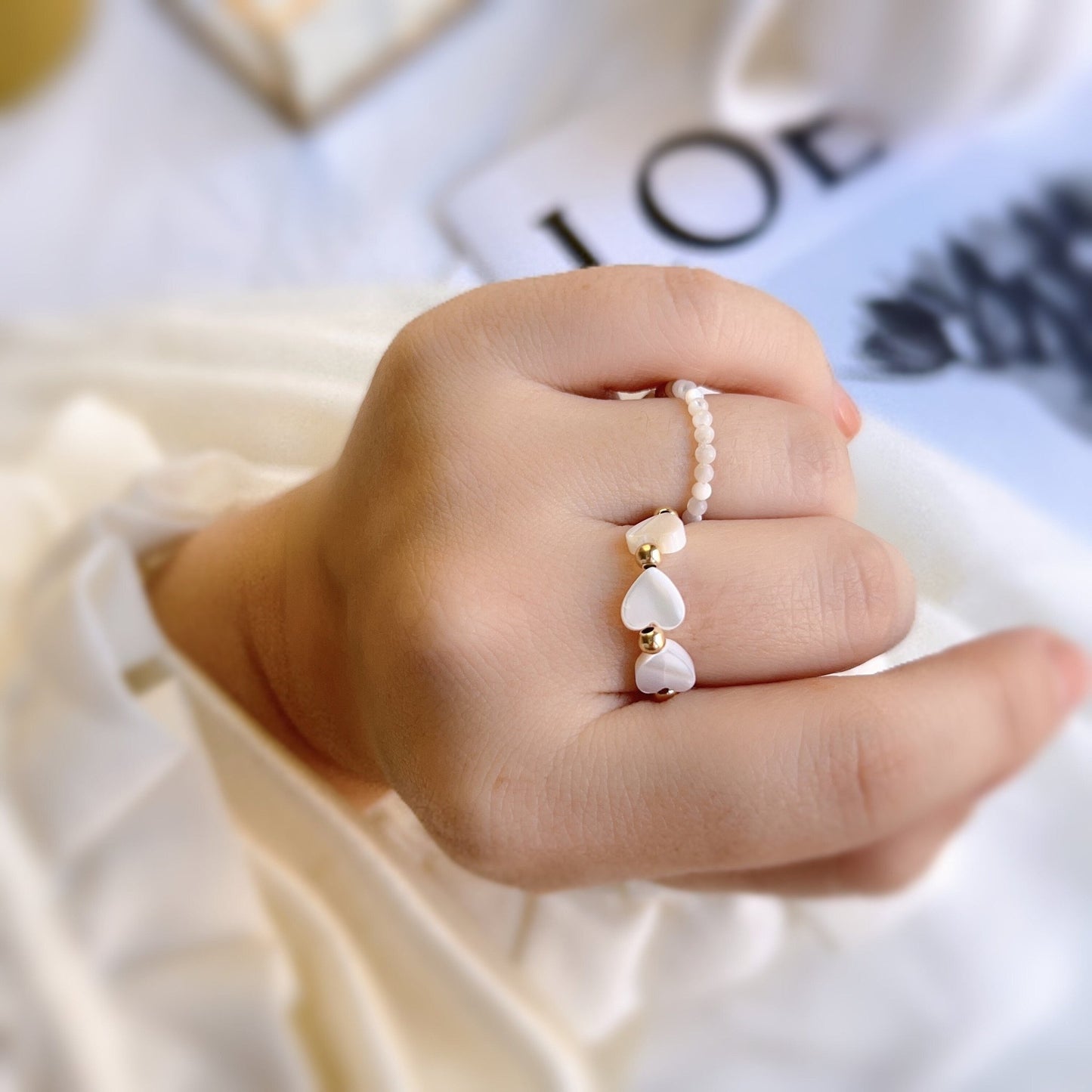 Bohemian Stretch Ring, Natural Shell Stretch Ring, Natural Stone Ring, Handmade White Small Beads Elastic Ring, Adjustable Stacking Ring