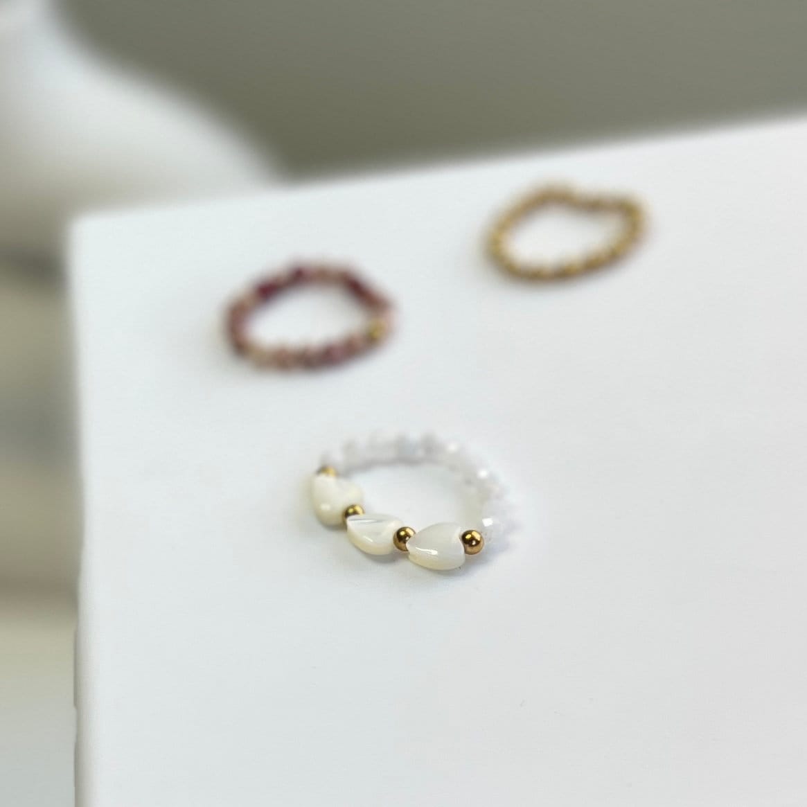 Boho Beaded Stretch Ring, Bohemia Beads Ring, Heart Shell Ring, Natural Stone Beads Ring, Rhodochrosite Beads Ring, Boho Stackable Ring