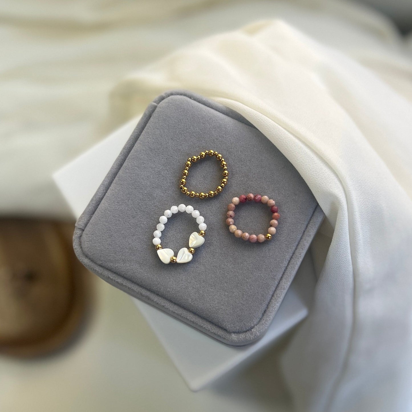 Boho Beaded Stretch Ring, Bohemia Beads Ring, Heart Shell Ring, Natural Stone Beads Ring, Rhodochrosite Beads Ring, Boho Stackable Ring