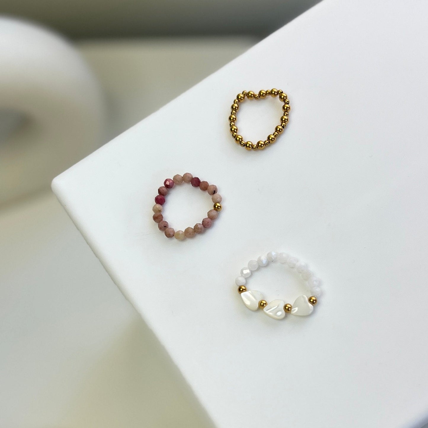 Boho Beaded Stretch Ring, Bohemia Beads Ring, Heart Shell Ring, Natural Stone Beads Ring, Rhodochrosite Beads Ring, Boho Stackable Ring