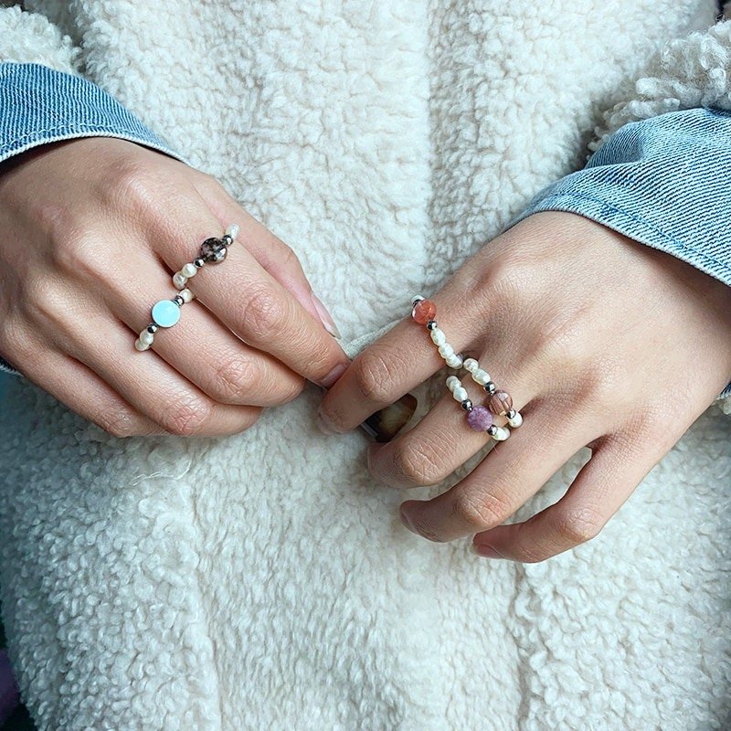 Boho Beaded Stretch Ring with Freshwater Pearls and Natural Stones
