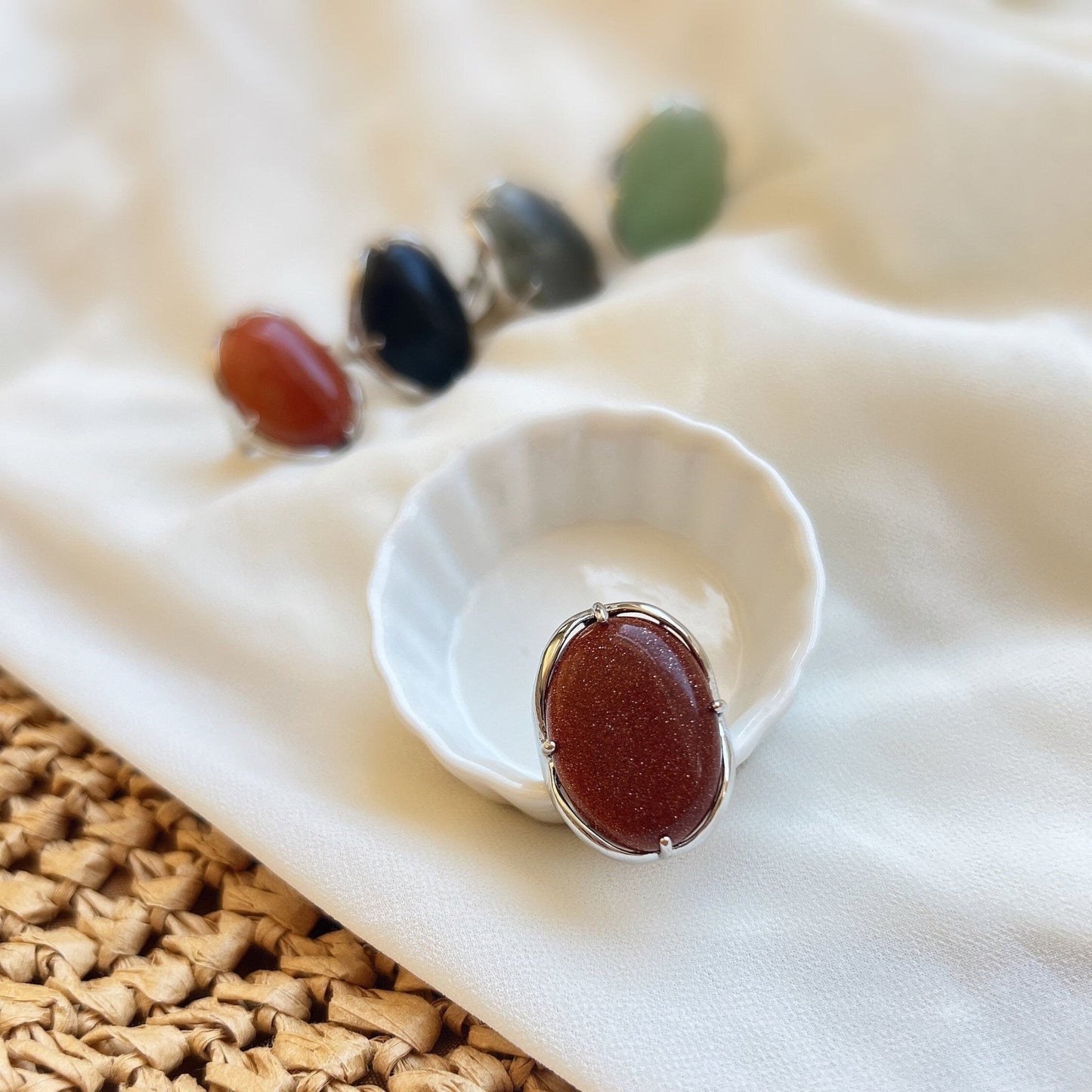 Boho Style Big Natural Stone Ring, Large Oval Ring, Big Gemstone Ring, Green Aventurine, Goldstone, Black Carnelian, Labradorite, Jasper