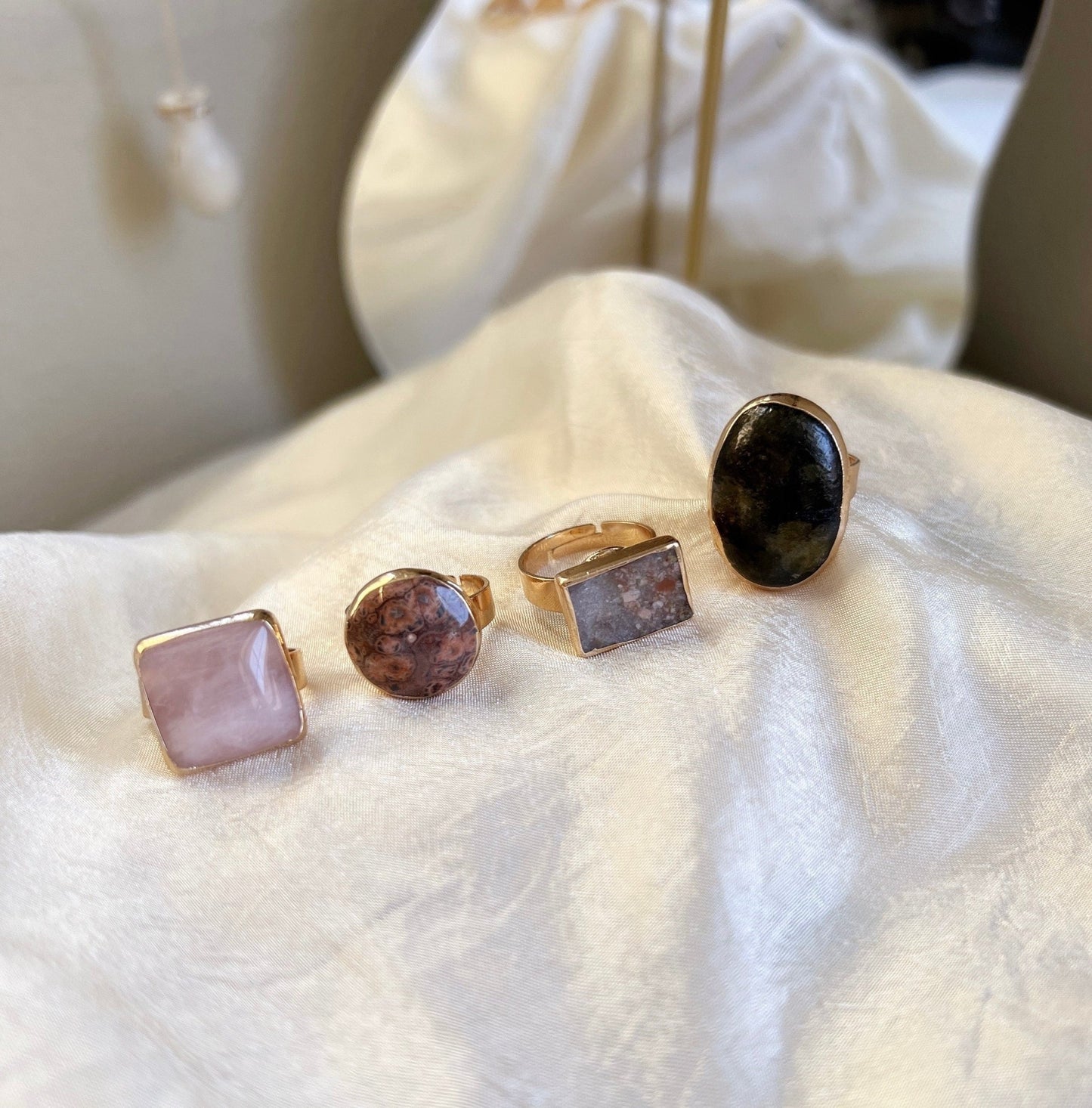 Boho Style Big Natural Stone Ring, Oval Square Rectangle Round Gemstone Gold Ring, Solid Granite, Pink Quartz, Black Stone, Leopard Skin