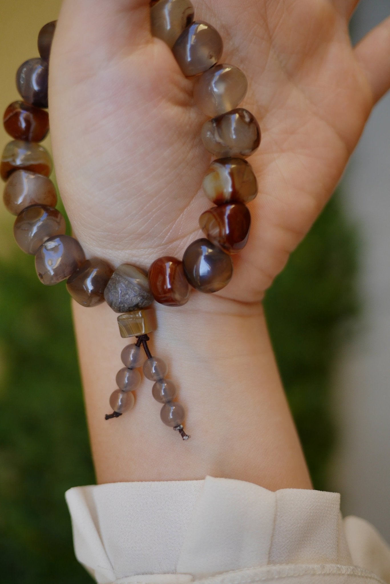 Sardonyx Agate Bracelet, Brown Crystal Bracelet with texture lines inside, Irregular Large Round Shape Beads, Bracelet for Mom and wife 缠丝玛瑙