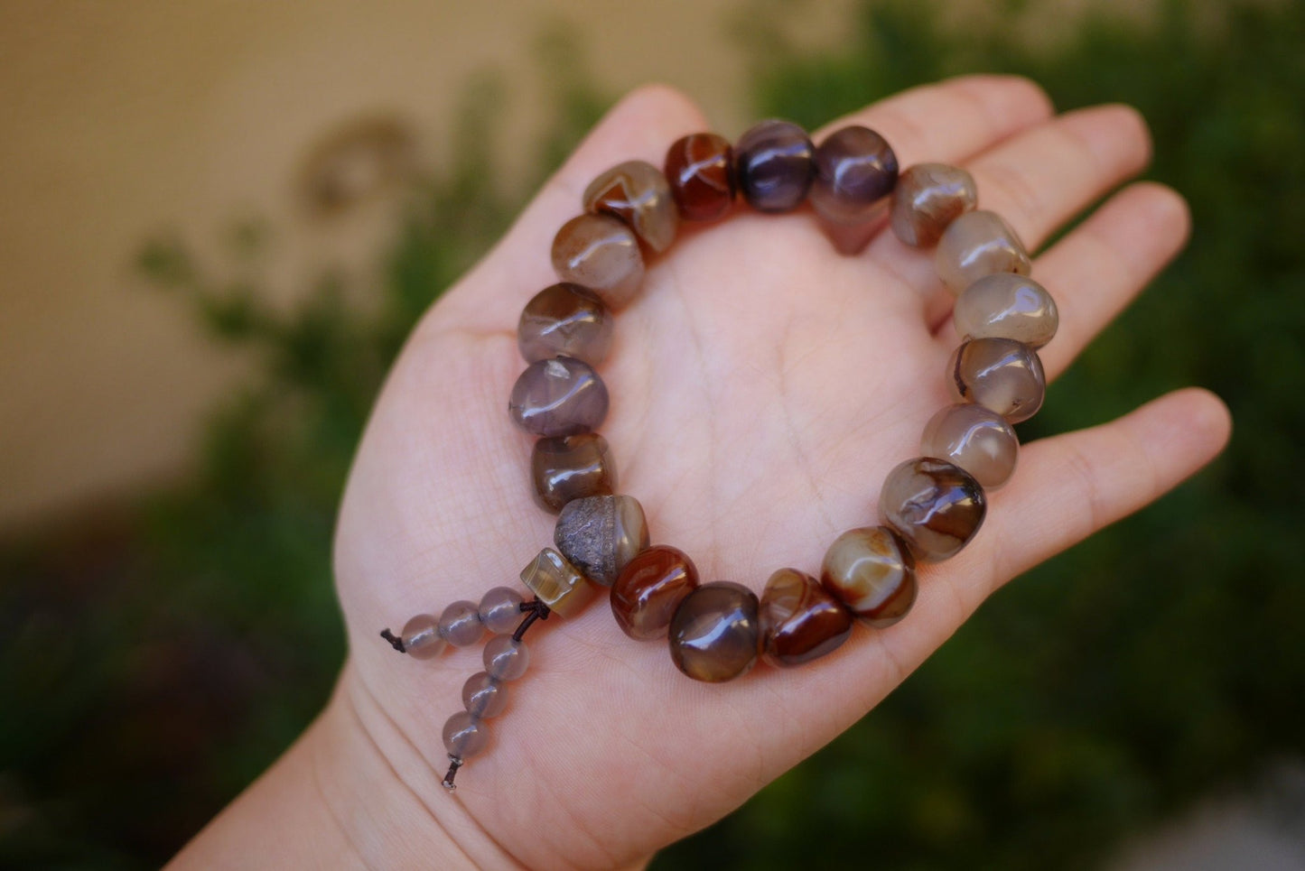 Sardonyx Agate Bracelet, Brown Crystal Bracelet with texture lines inside, Irregular Large Round Shape Beads, Bracelet for Mom and wife 缠丝玛瑙