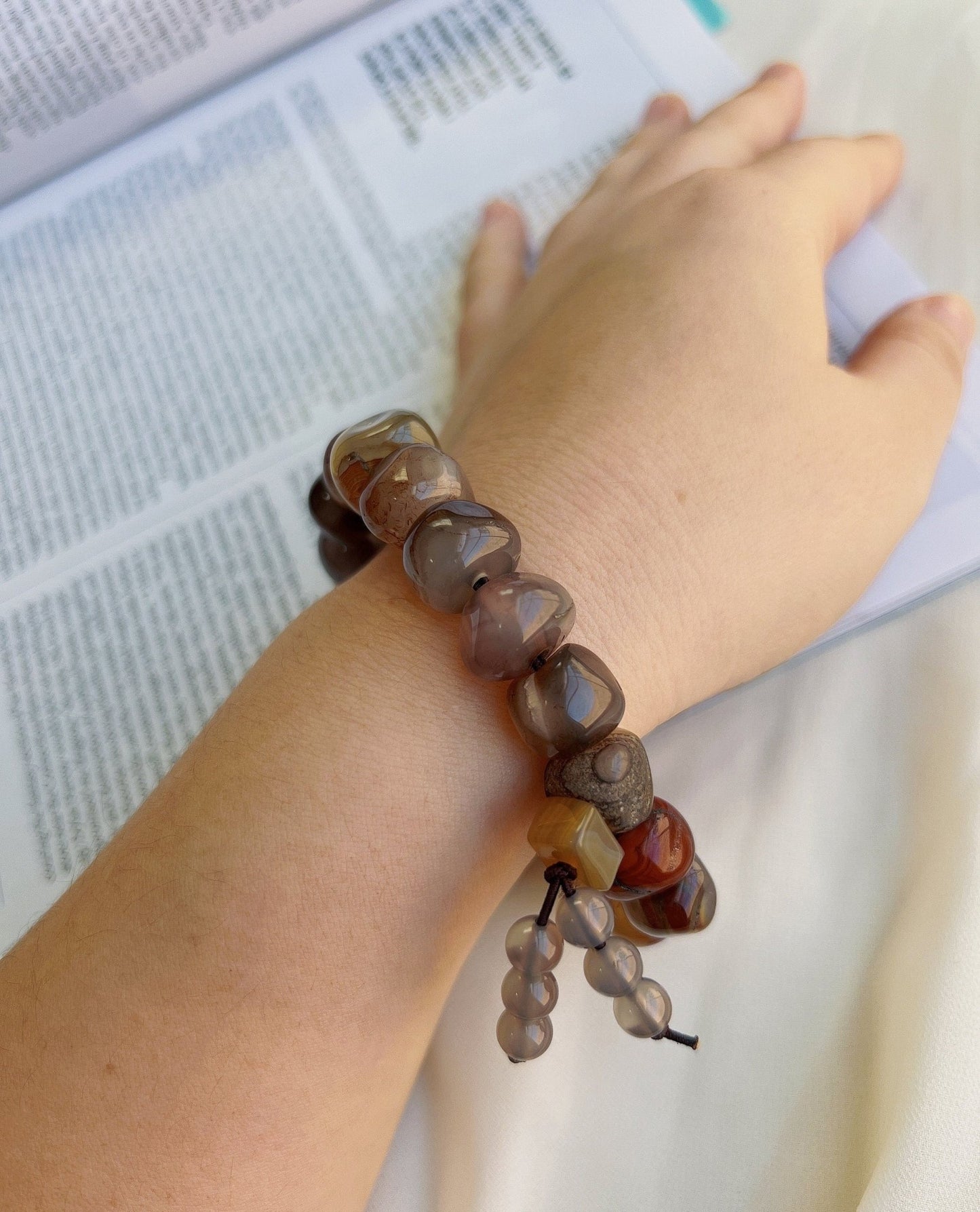 Sardonyx Agate Bracelet, Brown Crystal Bracelet with texture lines inside, Irregular Large Round Shape Beads, Bracelet for Mom and wife 缠丝玛瑙