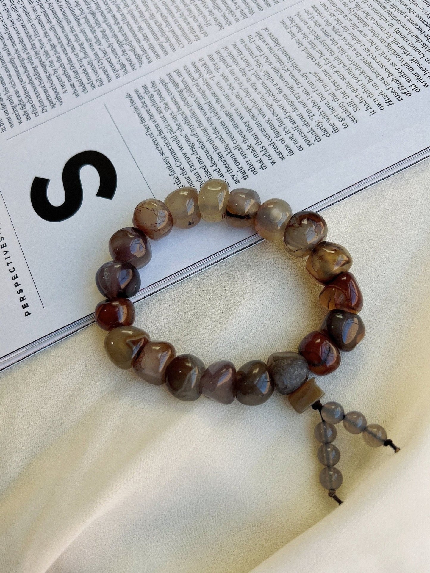 Sardonyx Agate Bracelet, Brown Crystal Bracelet with texture lines inside, Irregular Large Round Shape Beads, Bracelet for Mom and wife 缠丝玛瑙