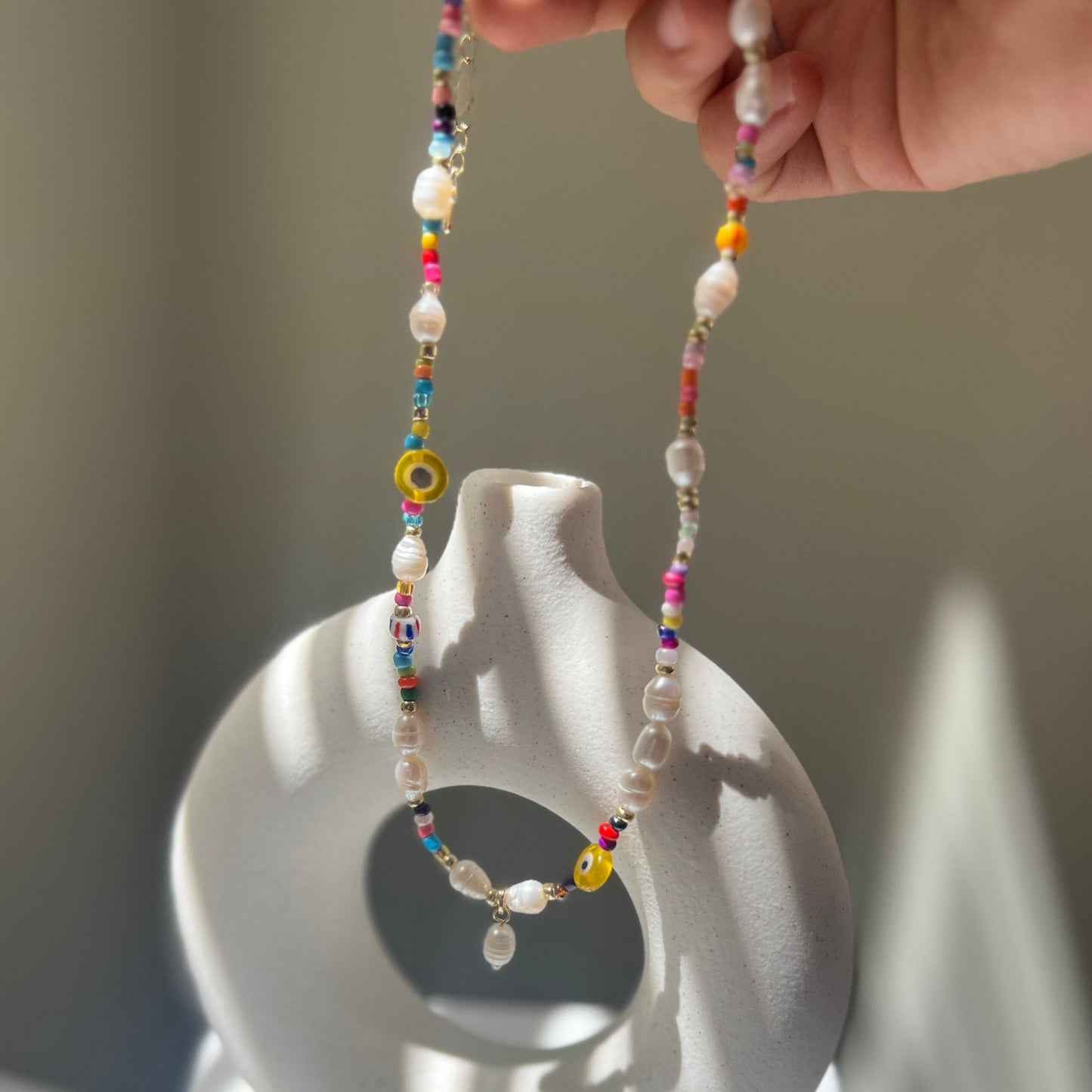 Natural Pearl Beaded Necklace, Colorful Necklace, Hippie Necklace, Pearl Rainbow Necklace, Freshwater Pearl Necklace, Summer Beaded Necklace
