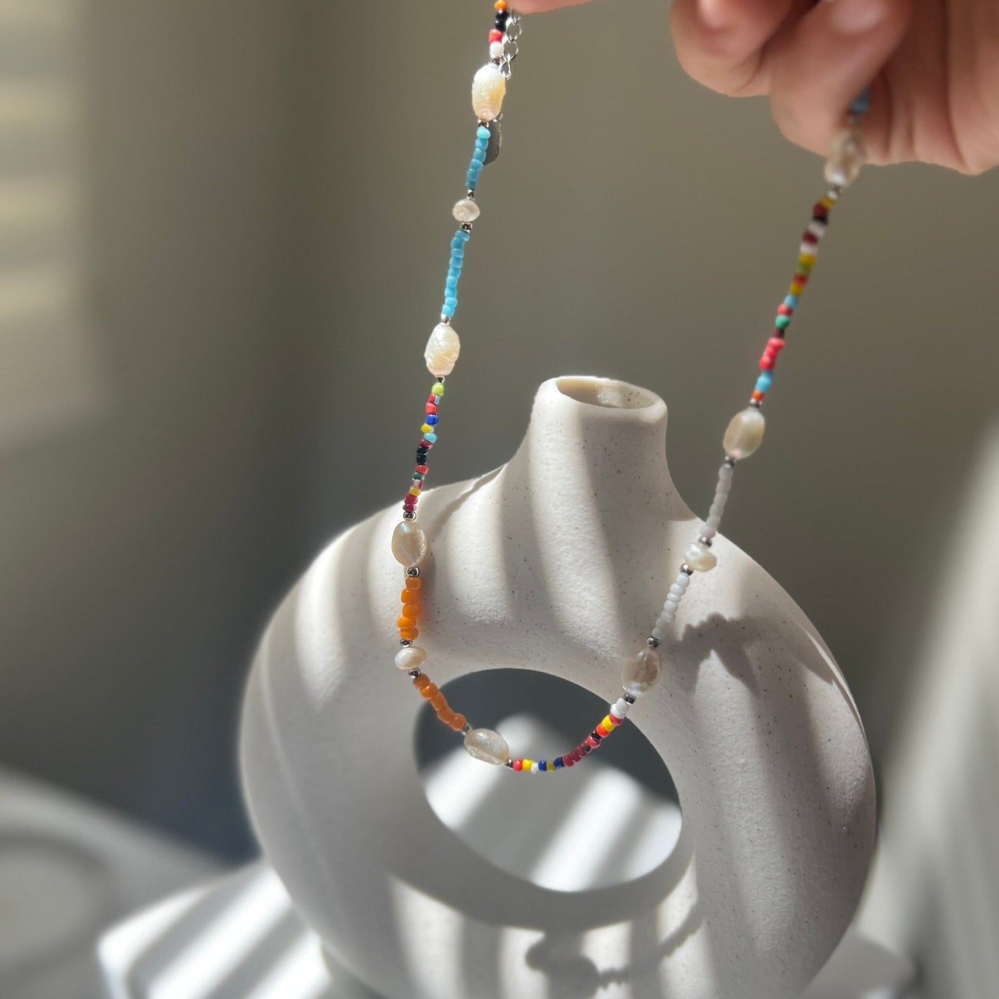 Natural Pearl Beaded Necklace, Colorful Necklace, Hippie Necklace, Pearl Rainbow Necklace, Freshwater Pearl Necklace, Summer Beaded Necklace