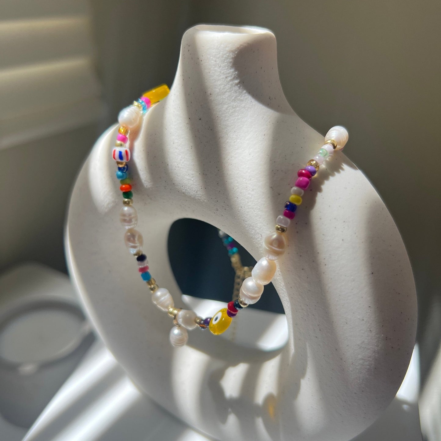 Natural Pearl Beaded Necklace, Colorful Necklace, Hippie Necklace, Pearl Rainbow Necklace, Freshwater Pearl Necklace, Summer Beaded Necklace