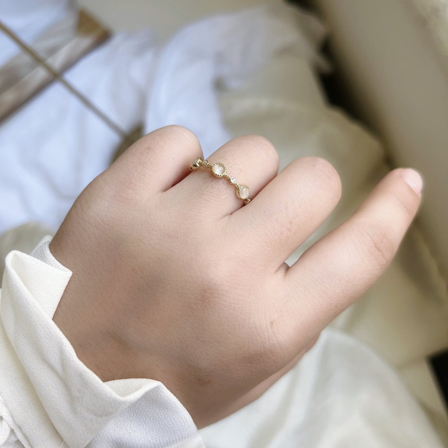 Cats Eye Stone Ring, Moonstone Ring, Gold Plated S925 Sterling Silver, Adjustable MultiStone Ring, Vintage Ring, Dainty Birthstone Ring