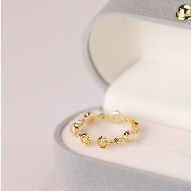 Cats Eye Stone Ring, Moonstone Ring, Gold Plated S925 Sterling Silver, Adjustable MultiStone Ring, Vintage Ring, Dainty Birthstone Ring