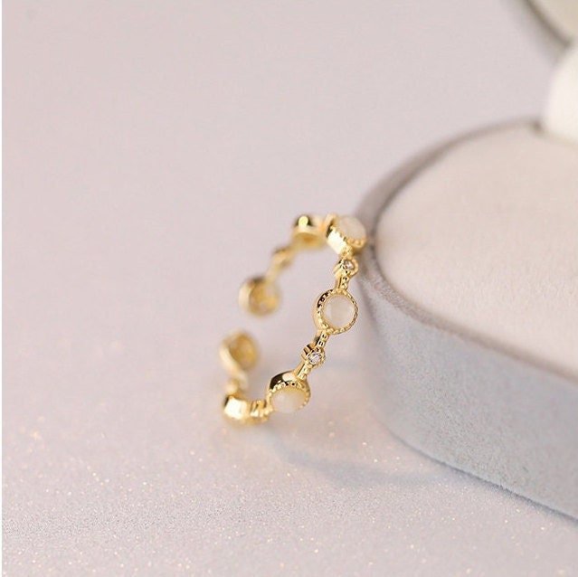 Cats Eye Stone Ring, Moonstone Ring, Gold Plated S925 Sterling Silver, Adjustable MultiStone Ring, Vintage Ring, Dainty Birthstone Ring