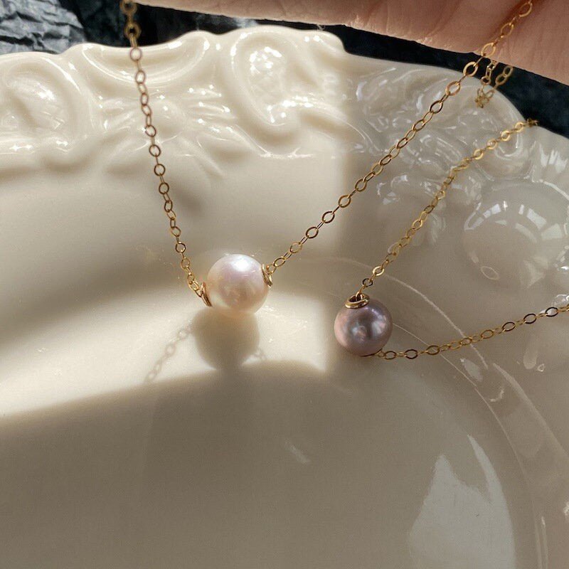 8mm Natural Pearl Necklace, Freshwater Pearl Necklaces, Dainty Pearl Necklace, Gold Pearl Necklace, Floating Pearl Necklace, Bridesmaid Gift