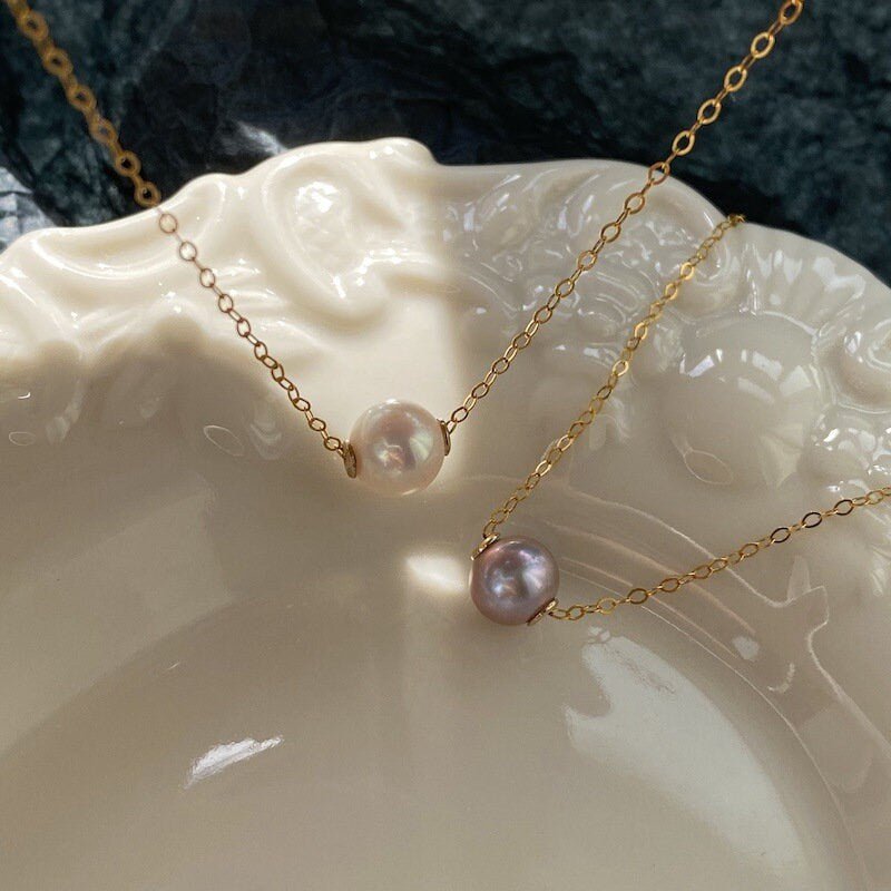 8mm Natural Pearl Necklace, Freshwater Pearl Necklaces, Dainty Pearl Necklace, Gold Pearl Necklace, Floating Pearl Necklace, Bridesmaid Gift