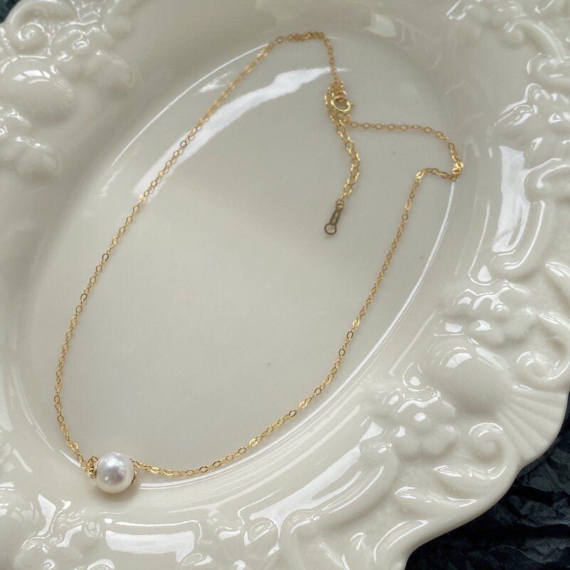 8mm Natural Pearl Necklace, Freshwater Pearl Necklaces, Dainty Pearl Necklace, Gold Pearl Necklace, Floating Pearl Necklace, Bridesmaid Gift