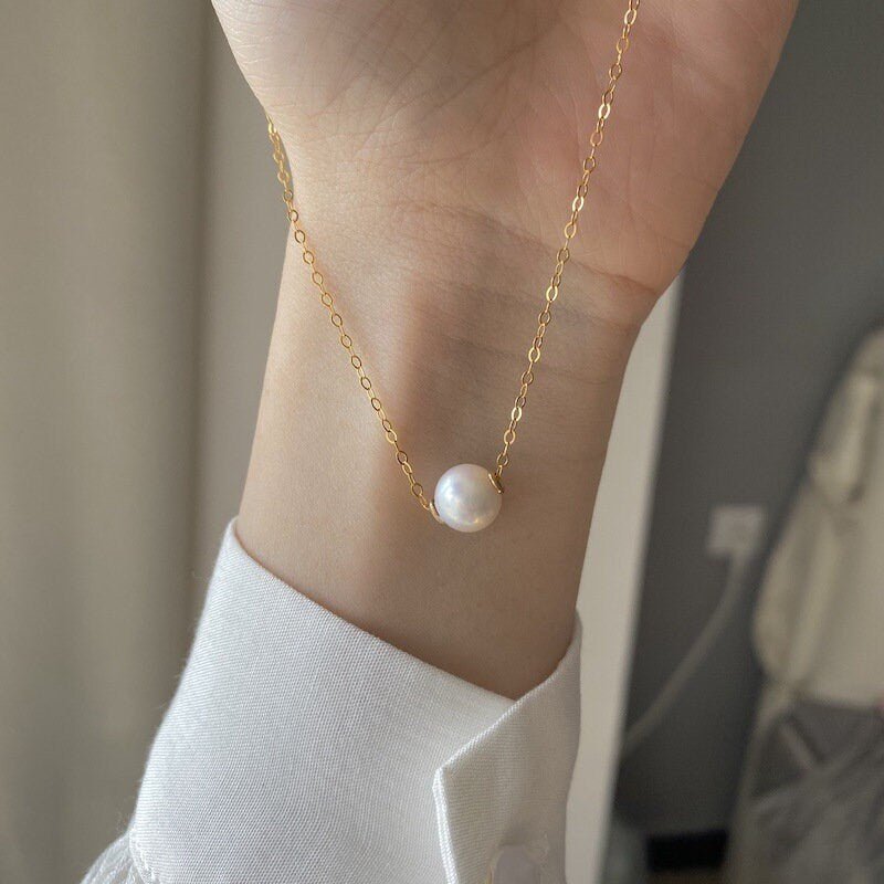 8mm Natural Pearl Necklace, Freshwater Pearl Necklaces, Dainty Pearl Necklace, Gold Pearl Necklace, Floating Pearl Necklace, Bridesmaid Gift
