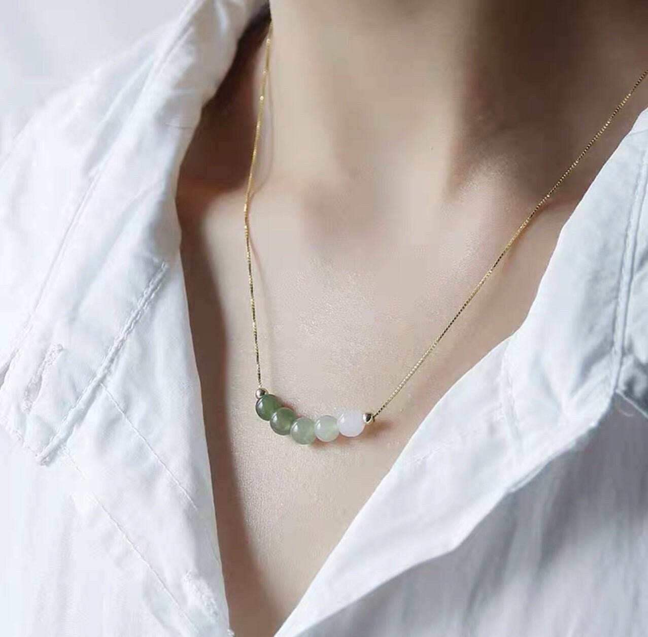 Genuine Hetian Jade Necklace, Gradient Jade Beads Pendant, Dainty Jade Necklace, Green Nephrite Necklace, Jade Beaded Necklace, Beads Row